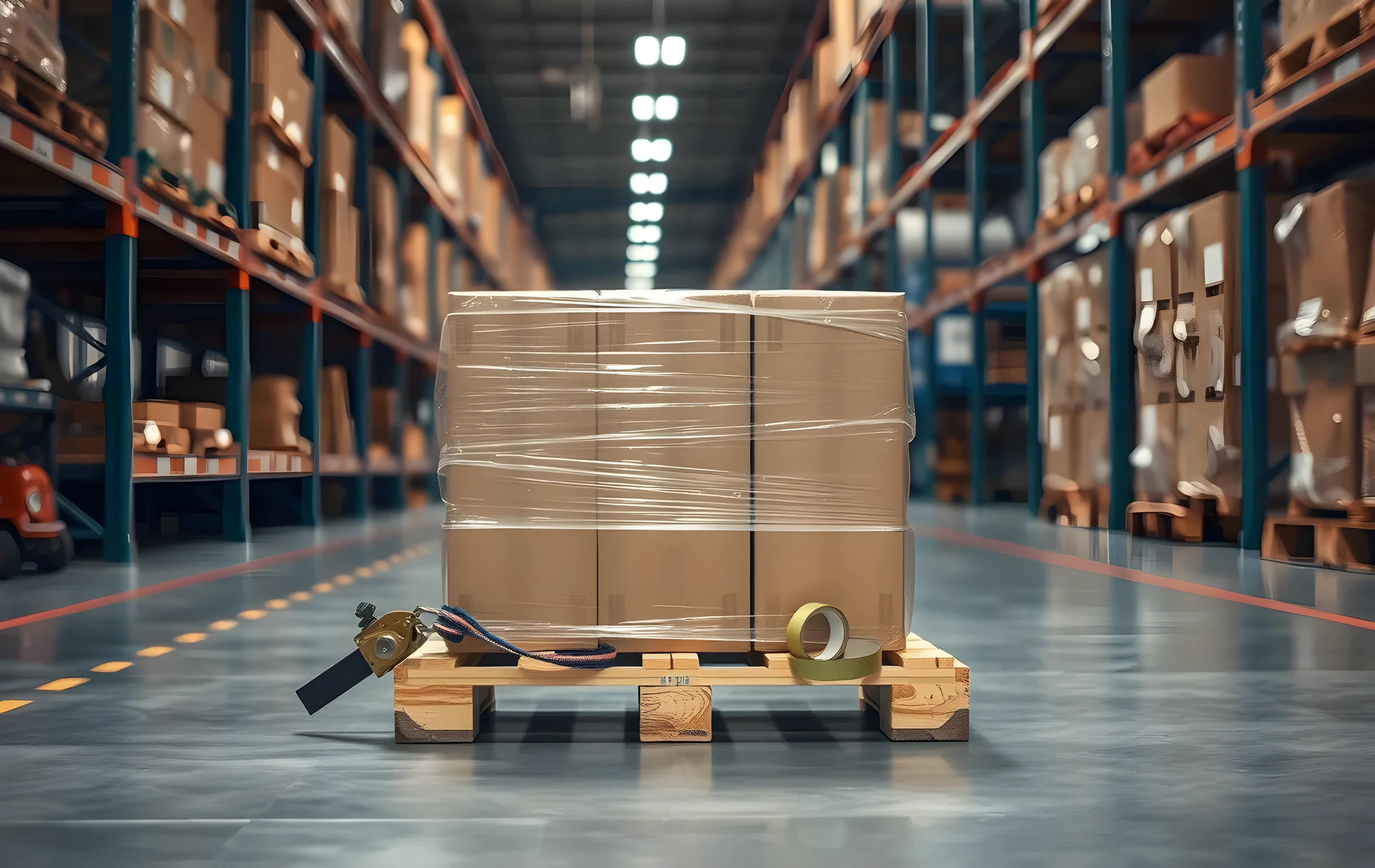A single wooden pallet loaded with three large brown cartons wrapped in clear stretch film sitting on polished warehouse concrete floor, a coiled ratchet strap and a metal box cutter resting on a low steel shelf edge just behind the pallet, a small coil of packing tape beside them, soft even illumination from overhead LED panel lights casting gentle shadows, the aisle receding into soft warm-focus background, no people, no text, no screens