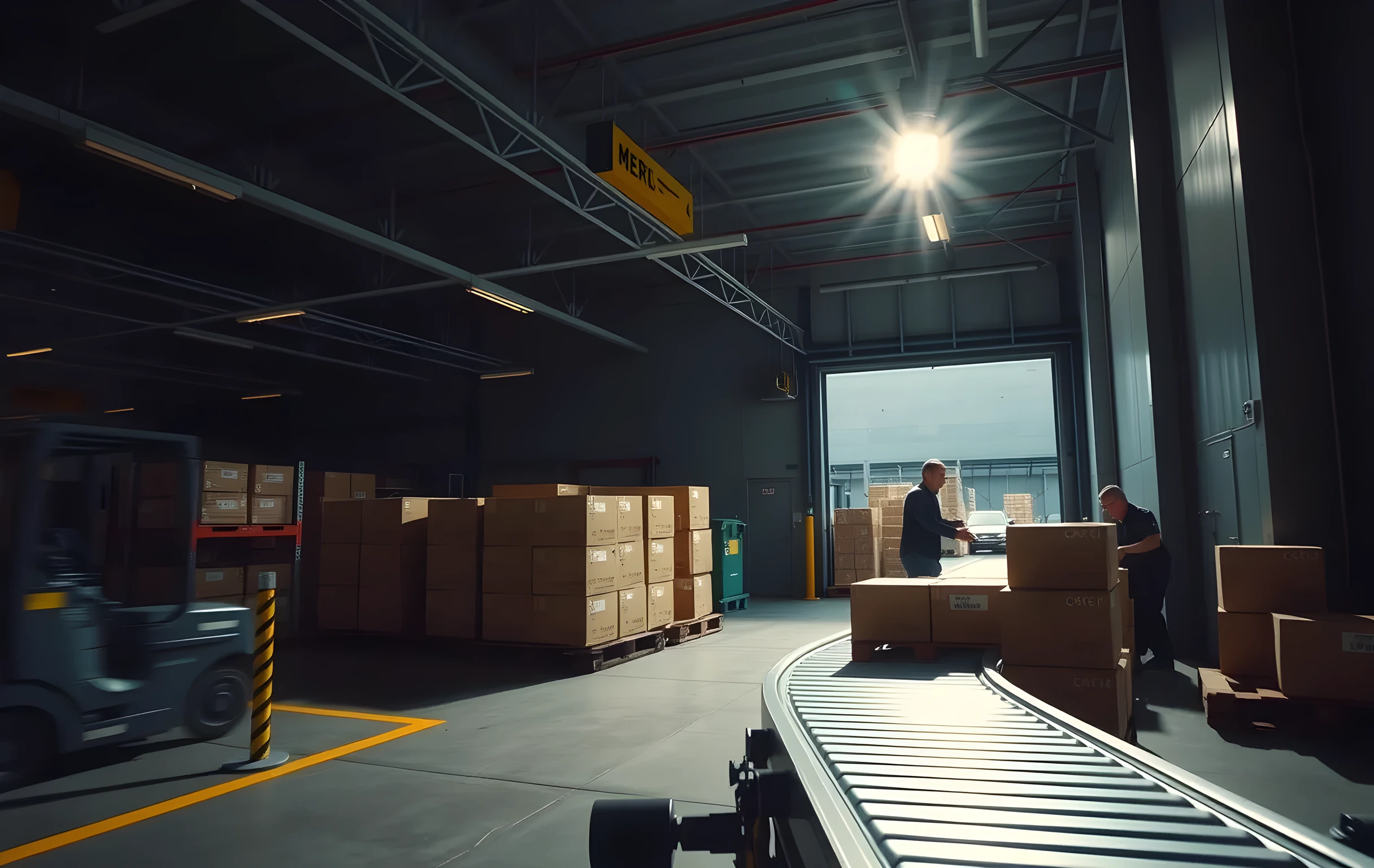 A wide shot of a sunlit warehouse loading dock during active unloading, where workers in medium distance guide pallets onto a rolling conveyor belt while stacked cardboard boxes move steadily along the line under industrial overhead lighting