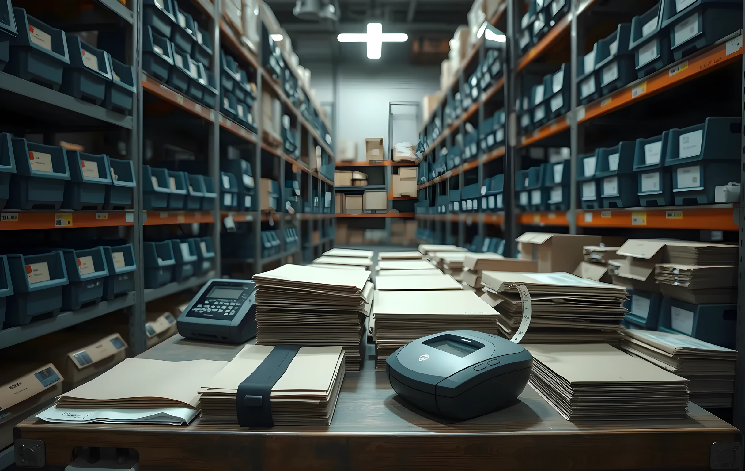 A mid-range view of a packed sorting station featuring sorted plastic bins arranged on metal shelving units, with a handheld scanner resting on a workbench beside neatly folded shipping envelopes and a compact label printer actively feeding out adhesive strips