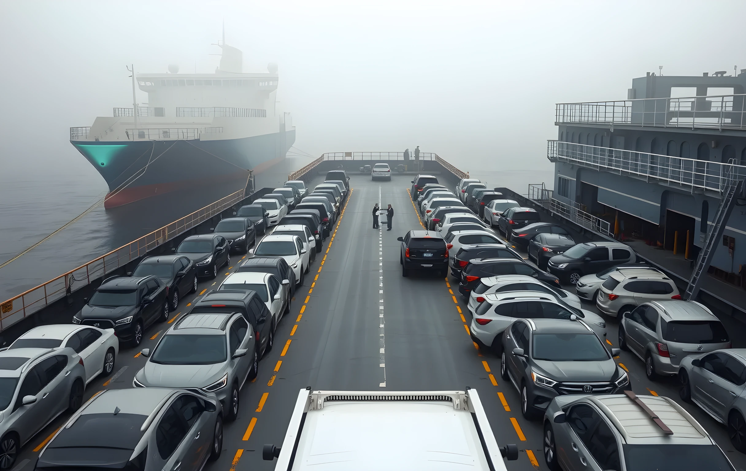 A wide-angle view of a roll-on/roll-off vessel's open car deck at a West Coast port during early morning fog, rows of sedans and pickup trucks parked in neat bays stretching toward the stern, steel railings and hydraulic wheel-chock stations visible between vehicle rows, two small figures of crew members walking the length of the deck in the middle distance, gray Pacific water lapping at the hull on the left side, soft diffused light with no harsh shadows