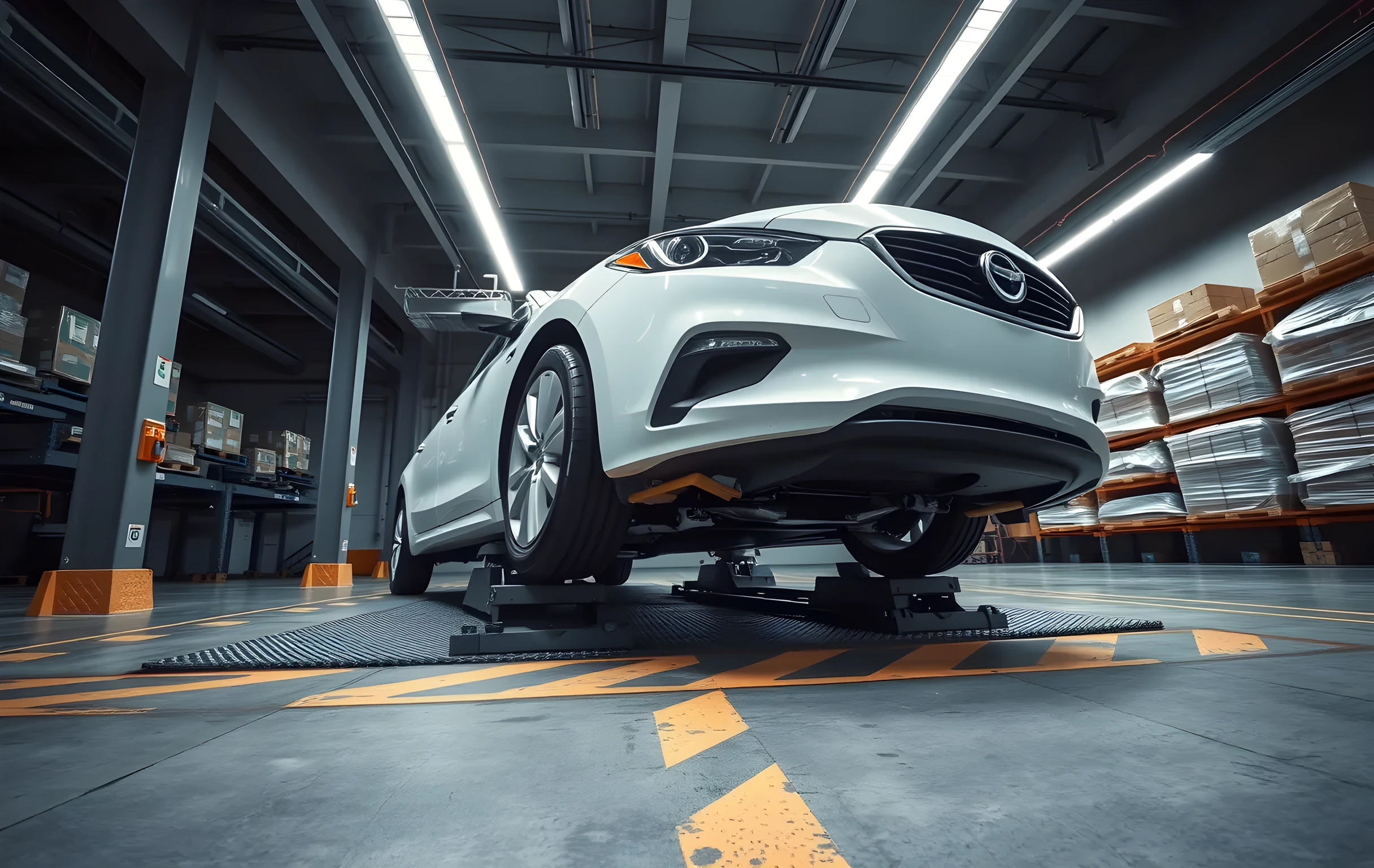 A medium-close view inside a vehicle intake terminal bay showing a single white sedan positioned on a hydraulic lift platform mid-raise, wheel chocks and a steel restraint bar engaged against the front axle, the industrial concrete floor marked with faded painted lane lines, overhead fluorescent tube lights casting even cool light across the scene, in the background a row of sorted cargo bins and a pallet rack stacked with shrink-wrapped boxes, no people visible, clean mechanical detail