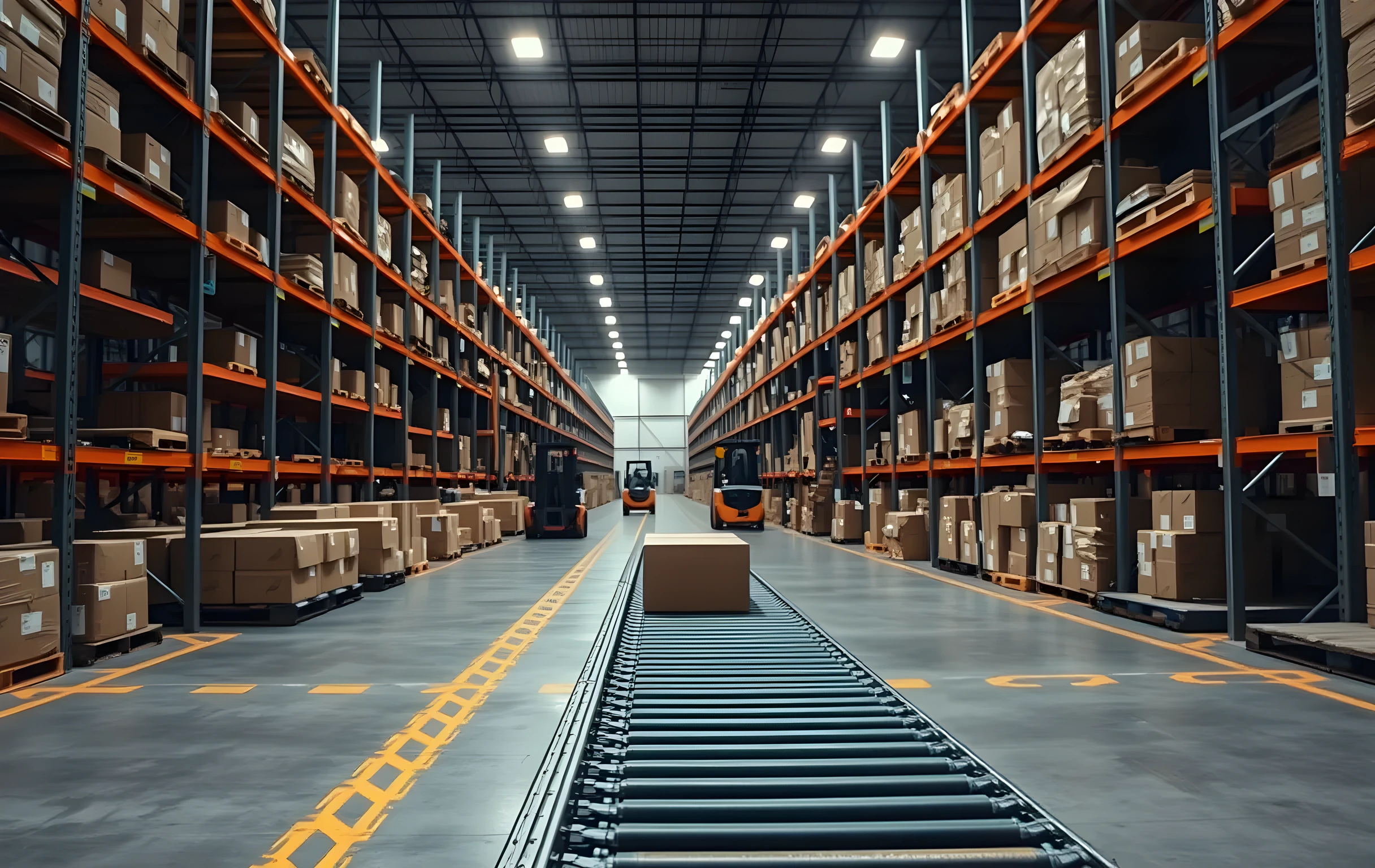 A wide-angle view of a large fulfillment warehouse interior at mid-distance, rows of tall steel pallet racks receding into the background on both sides, a long conveyor belt running diagonally from the lower left toward the center carrying small brown parcels and poly-mailer packages, two forklifts visible in the far distance between rack aisles, polished concrete floor with painted yellow lane markings, overhead industrial lighting casting even illumination, no people in the frame, clean and organized operational space