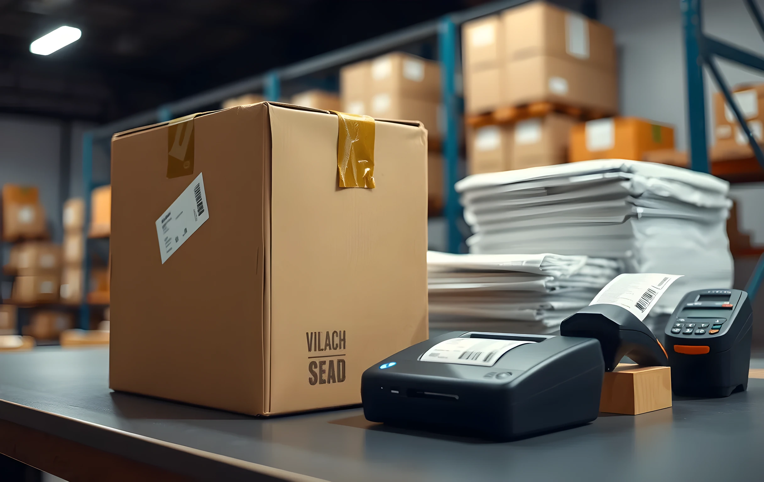 A close detail view of a packing station countertop at arm's length showing a half-taped cardboard box with a small white shipping label already affixed to its side, a compact thermal label printer sitting to the right with a short strip of labels protruding from its output slot, neat stacks of unopened poly mailers and crumpled tissue paper arranged behind the box, a handheld barcode scanner resting on a small wooden block, warm focused task lighting from above creating soft shadows, shallow depth of field blurring the background into indistinct warehouse shapes