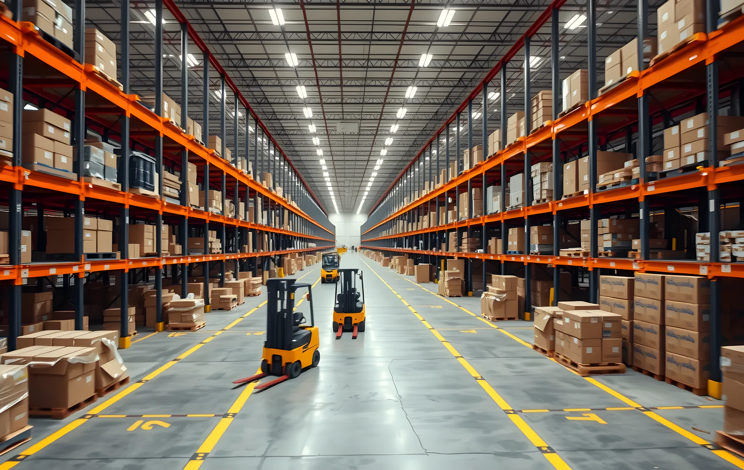 A wide-angle view of a large industrial fulfillment warehouse at midday: long rows of orange steel pallet racks stretching into the distance, yellow forklifts moving between aisles, stacks of brown cardboard boxes on wooden pallets in various states of being broken down or reassembled, concrete floor with painted lane markings, high-bay LED lighting casting even illumination across the space, a few workers visible as small figures at mid-distance near sorting stations, no text or signage visible anywhere