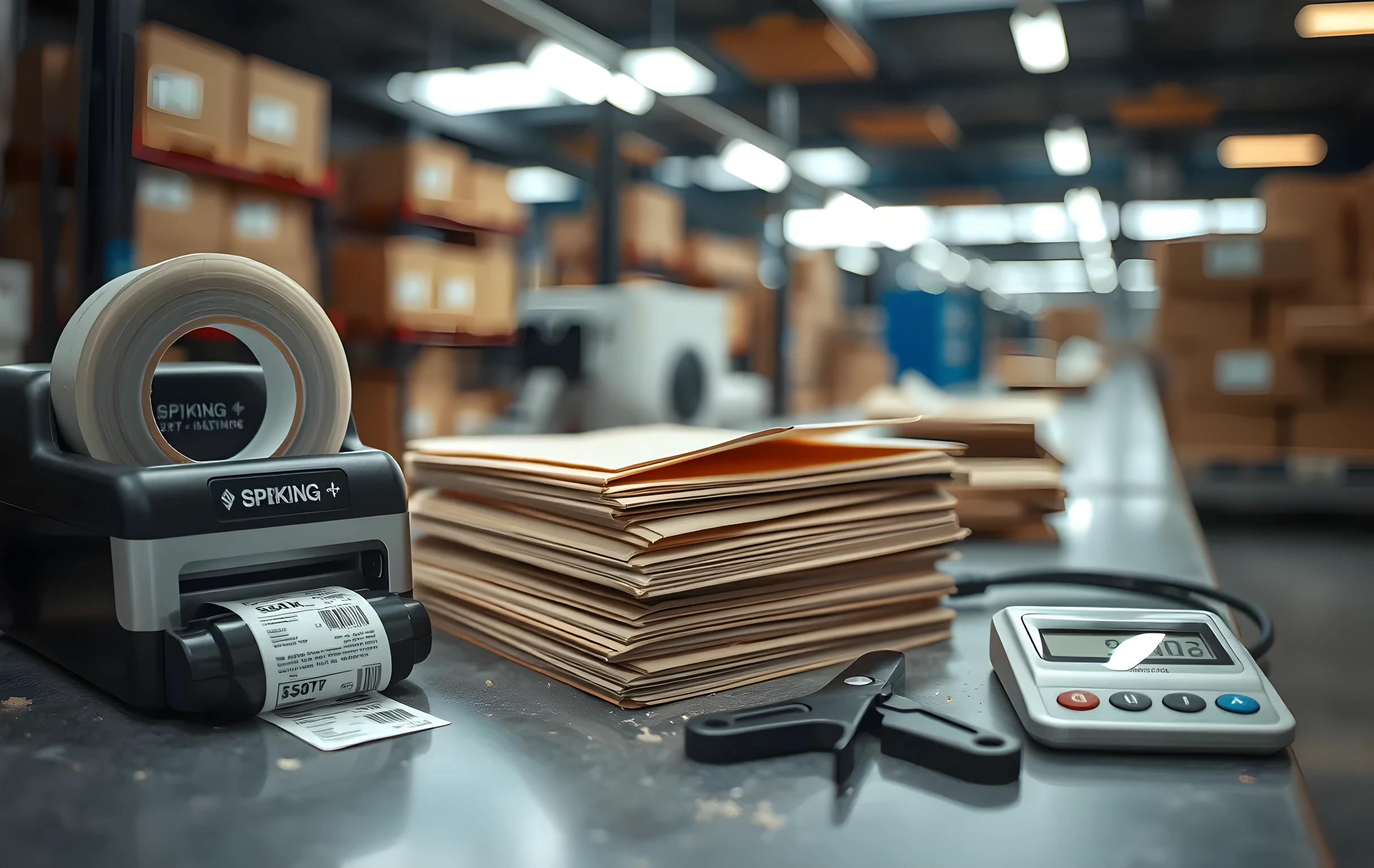A close detail shot of a busy packing station surface: a roll of clear shipping tape partially unspooled, a compact thermal label printer with a fresh sheet of white labels feeding out, a stack of five kraft poly mailers waiting to be stuffed, a pair of heavy-duty box cutters resting on the counter edge, a small digital scale showing a reading, cardboard dust particles catching overhead fluorescent light, the background softly blurred showing the continuation of the packing line extending away, no faces or hands in frame