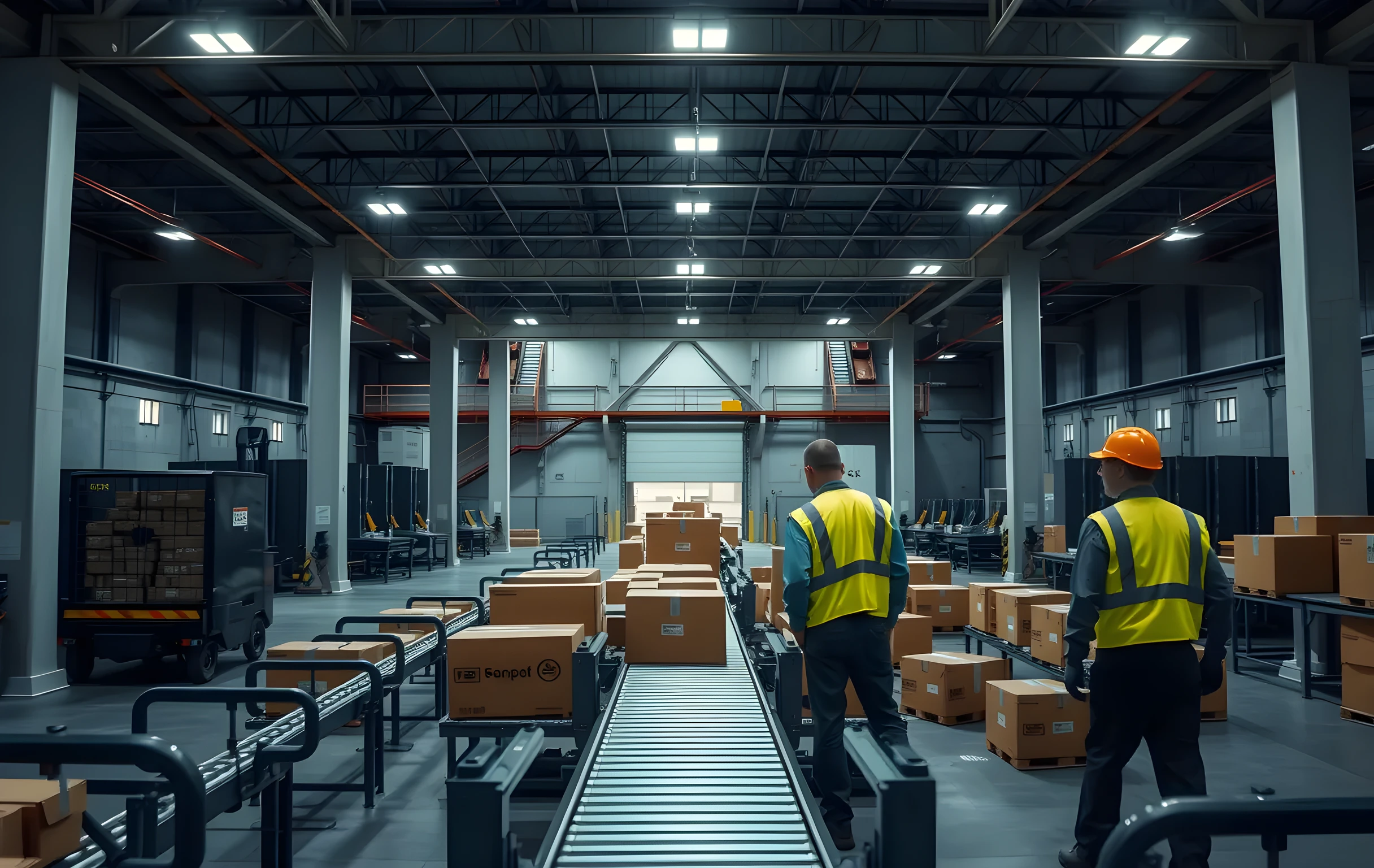 Wide environment scene: A high-ceilinged distribution center with a long sorting conveyor belt moving cardboard boxes toward a loading dock bay under bright industrial lighting. Several workers in high-visibility vests stand near the end of the line at medium distance, overseeing the flow of packages without interacting directly with the camera