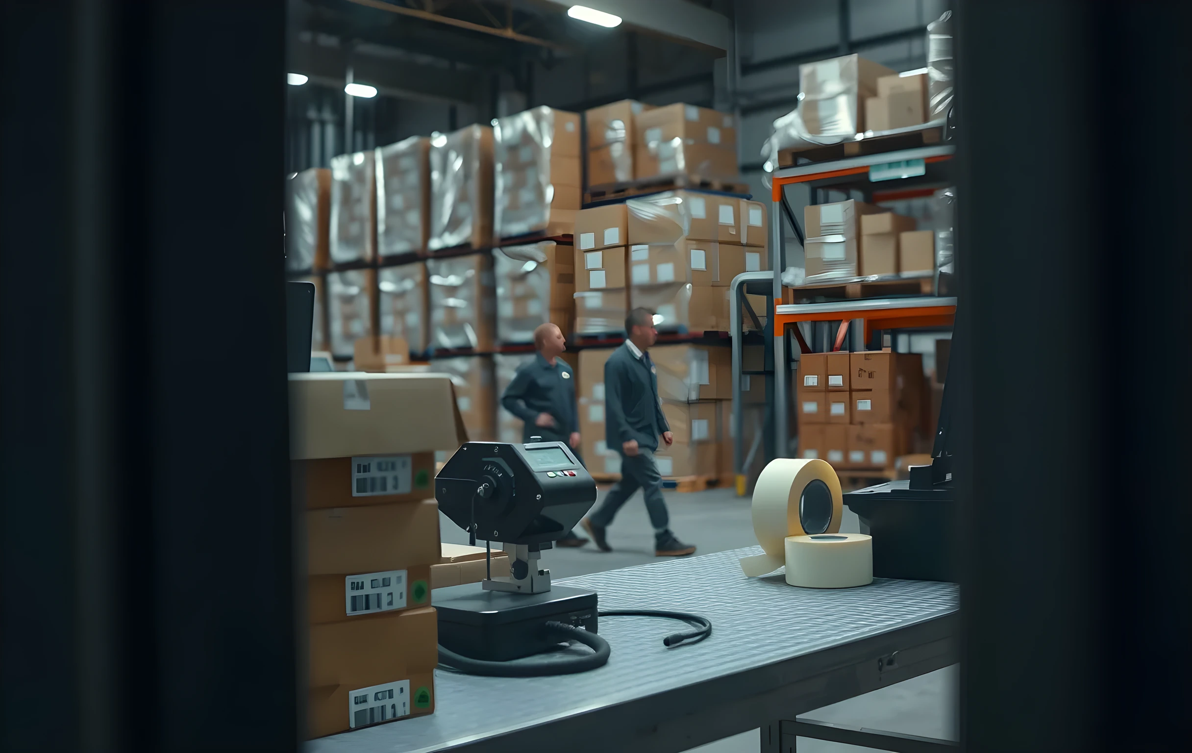 Closer detail scene: A packing station area showing a metal workbench with stacked corrugated boxes and a label printer actively dispensing tape rolls. Two operators in the background walk past tall steel pallet racks filled with shrink-wrapped goods, captured from a slightly elevated perspective to emphasize scale and movement