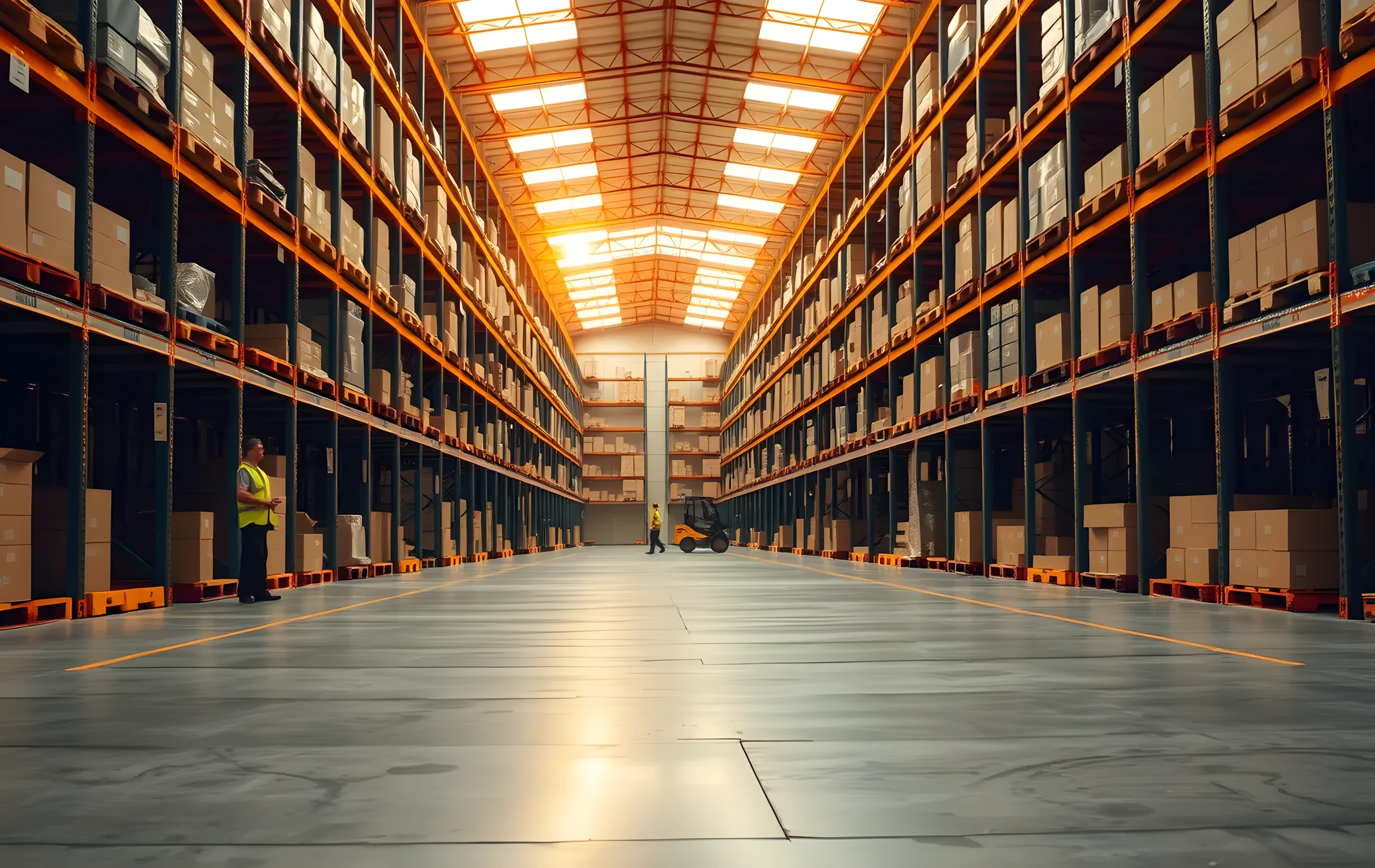 A wide-angle view of a large distribution center floor at late afternoon, golden light streaming through high clerestory windows. Rows of tall steel pallet racks stretch into the distance on both sides of a central aisle. A long conveyor belt runs diagonally across the frame, carrying plain brown cardboard boxes in various sizes. Two workers in hi-vis vests are visible as small figures in the middle distance, one operating a scanner at a sorting station, the other walking between rack bays. Polished concrete floor reflects the warm overhead lighting. The scene feels active and industrial, mid-shift, with forklift tire marks faintly visible on the ground