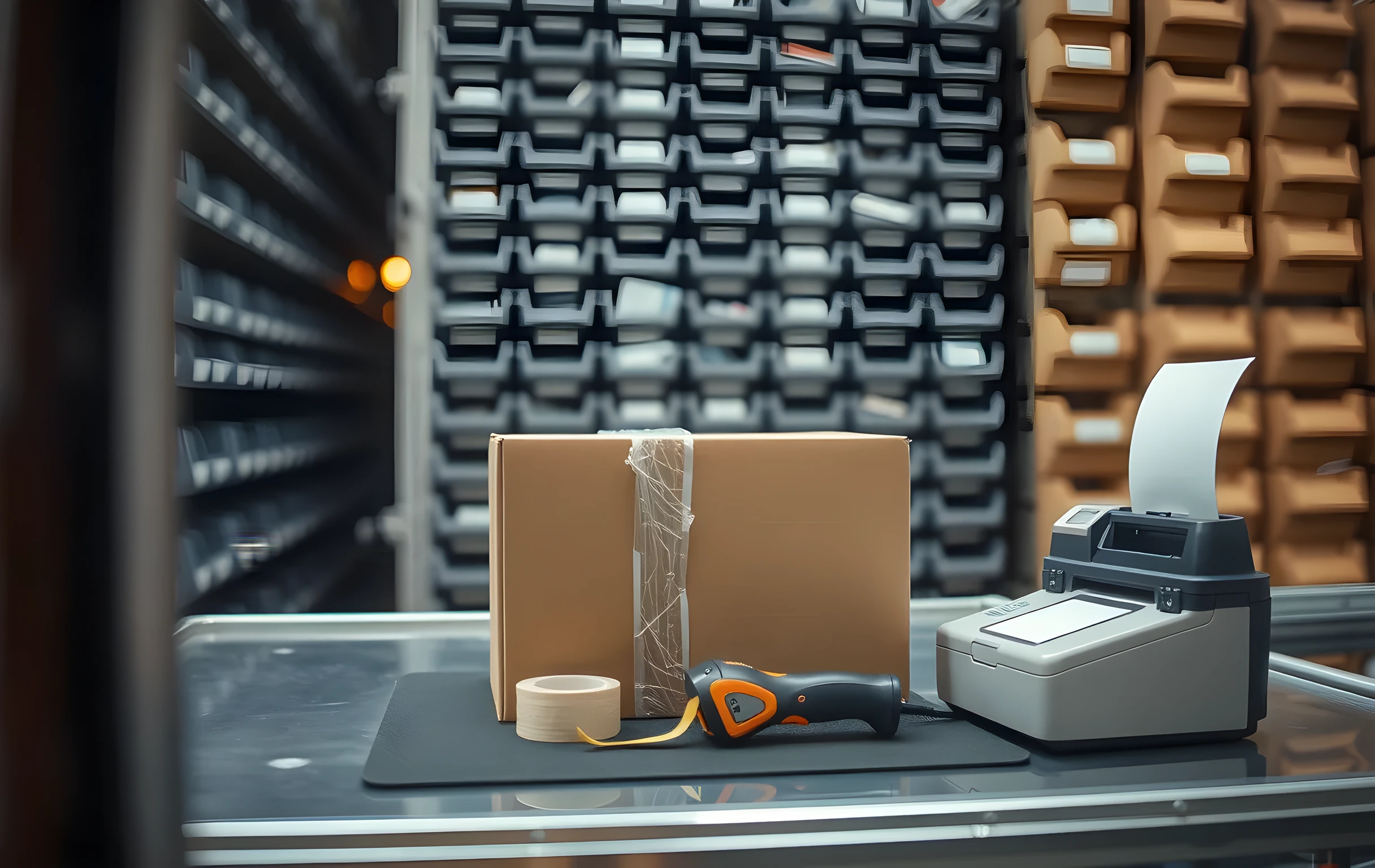 A tight detail shot of a single packing station on an assembly line, captured from a low angle at table height. A half-sealed medium cardboard box sits center-frame next to a roll of strapping tape and a handheld barcode scanner resting on a black rubber mat. To the right, a small thermal label printer unit with its output slot visible and blank. In the soft-focus background, a wall of muted-color sortation bins in rows, each slightly different shade of grey and tan. Shallow depth of field isolates the mechanical elements of the station. Warm task lighting from above casts a narrow pool on the work surface