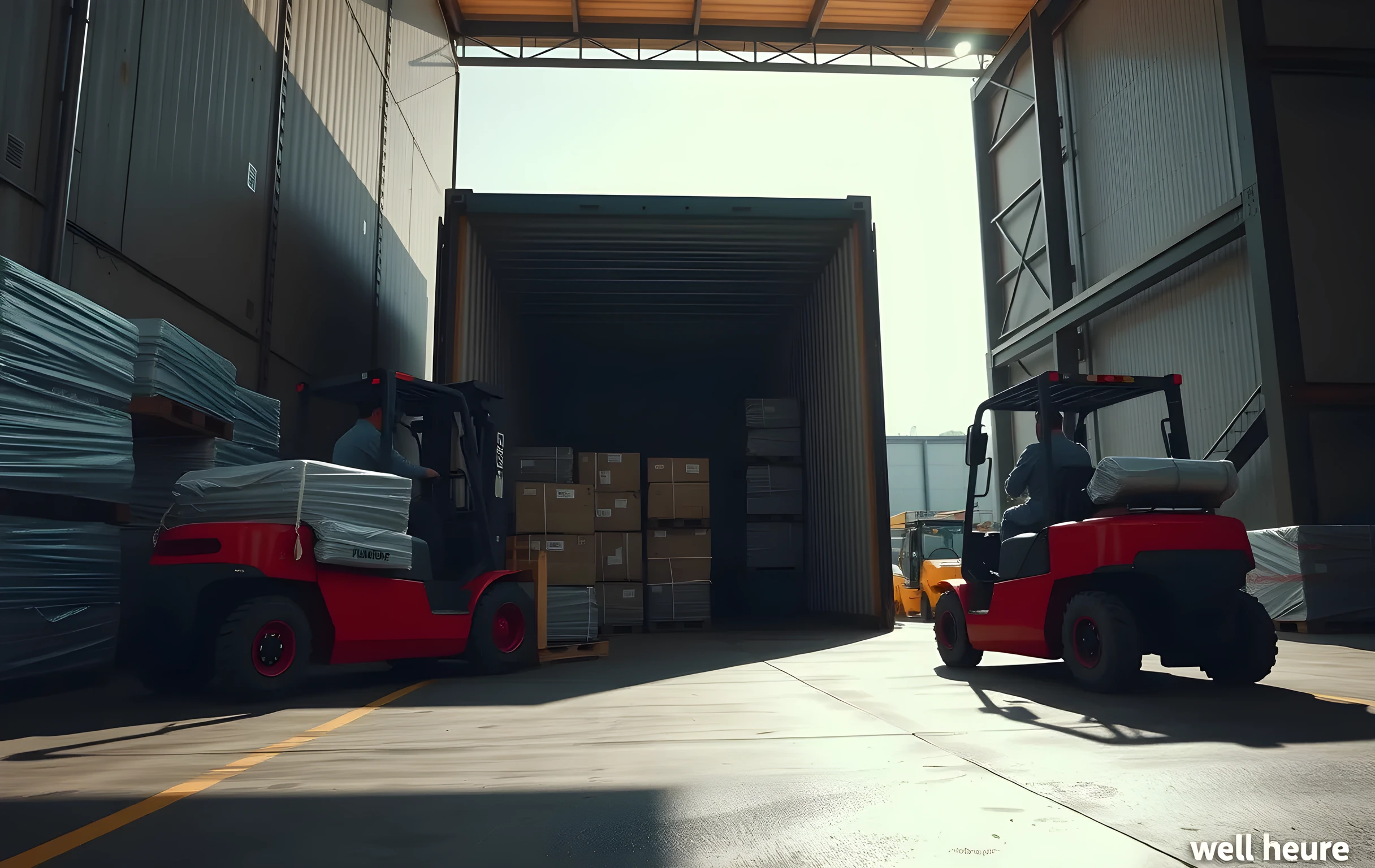 A wide-angle view of a sunlit industrial yard where two forklift operators maneuver pallets loaded with shrink-wrapped goods toward the open door of a corrugated steel container. The scene captures the loading dock apron, stacked wooden crates, and metal support beams in the background, with workers visible at medium distance coordinating lifts under clear daylight