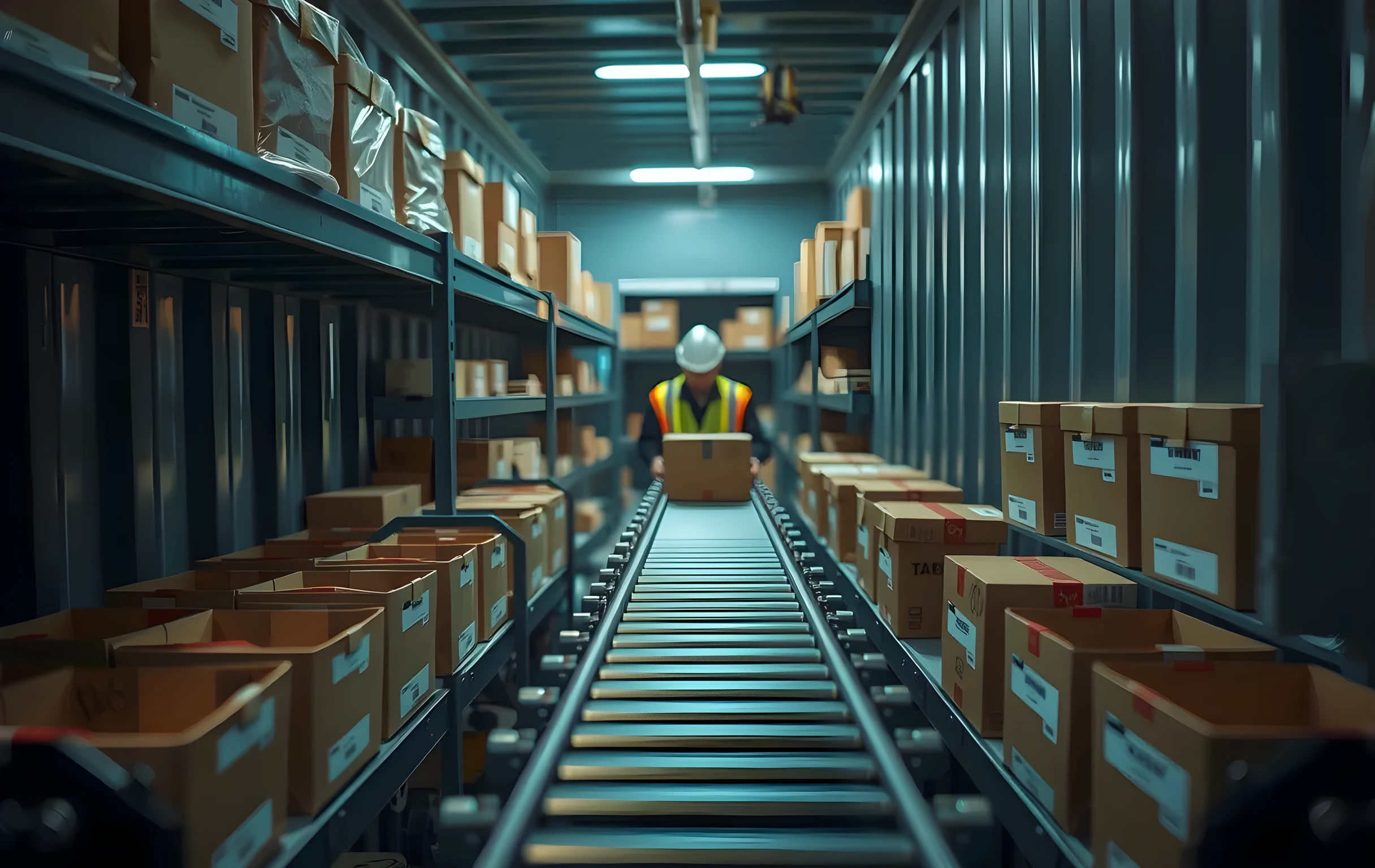 A tight interior perspective inside a repurposed container showing a compact packing station where a worker in high-visibility gear feeds items through a narrow conveyor belt into labeled cardboard boxes. The focus rests on sorted bins, metal shelving racks, and mechanical rollers in motion, with the operator positioned at far distance amid organized inventory flows