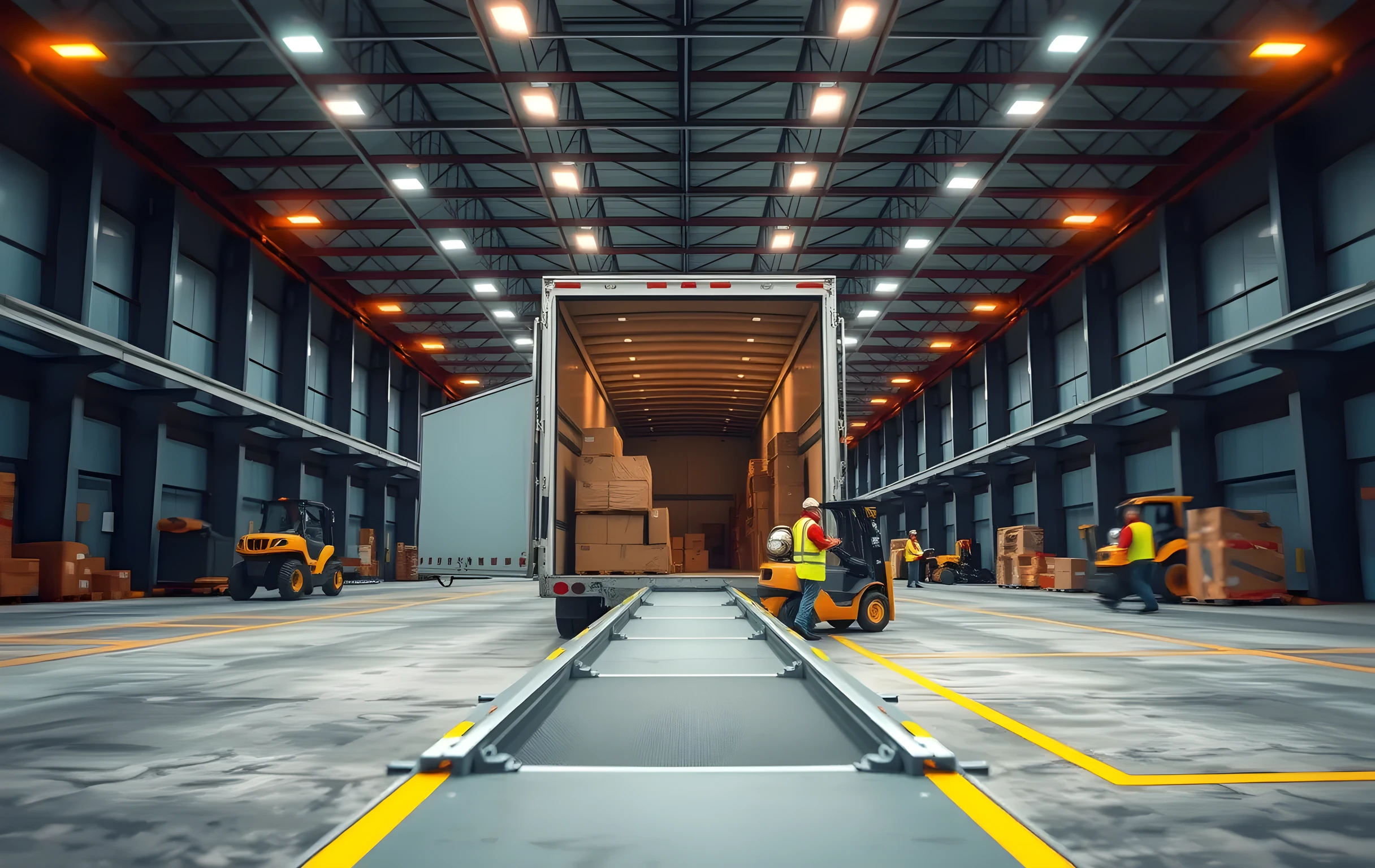 Wide interior view of a distribution warehouse loading bay at early morning, a semi-trailer parked at the dock with its rear doors fully open, a long conveyor belt carrying mixed-size brown cardboard boxes toward the trailer opening, two workers in high-visibility vests visible at medium distance operating a forklift and arranging pallets near the trailer, exposed steel truss ceiling with rows of fluorescent tube lighting, concrete floor marked with yellow safety lines, cool blue-gray ambient light mixing with warm dock lighting