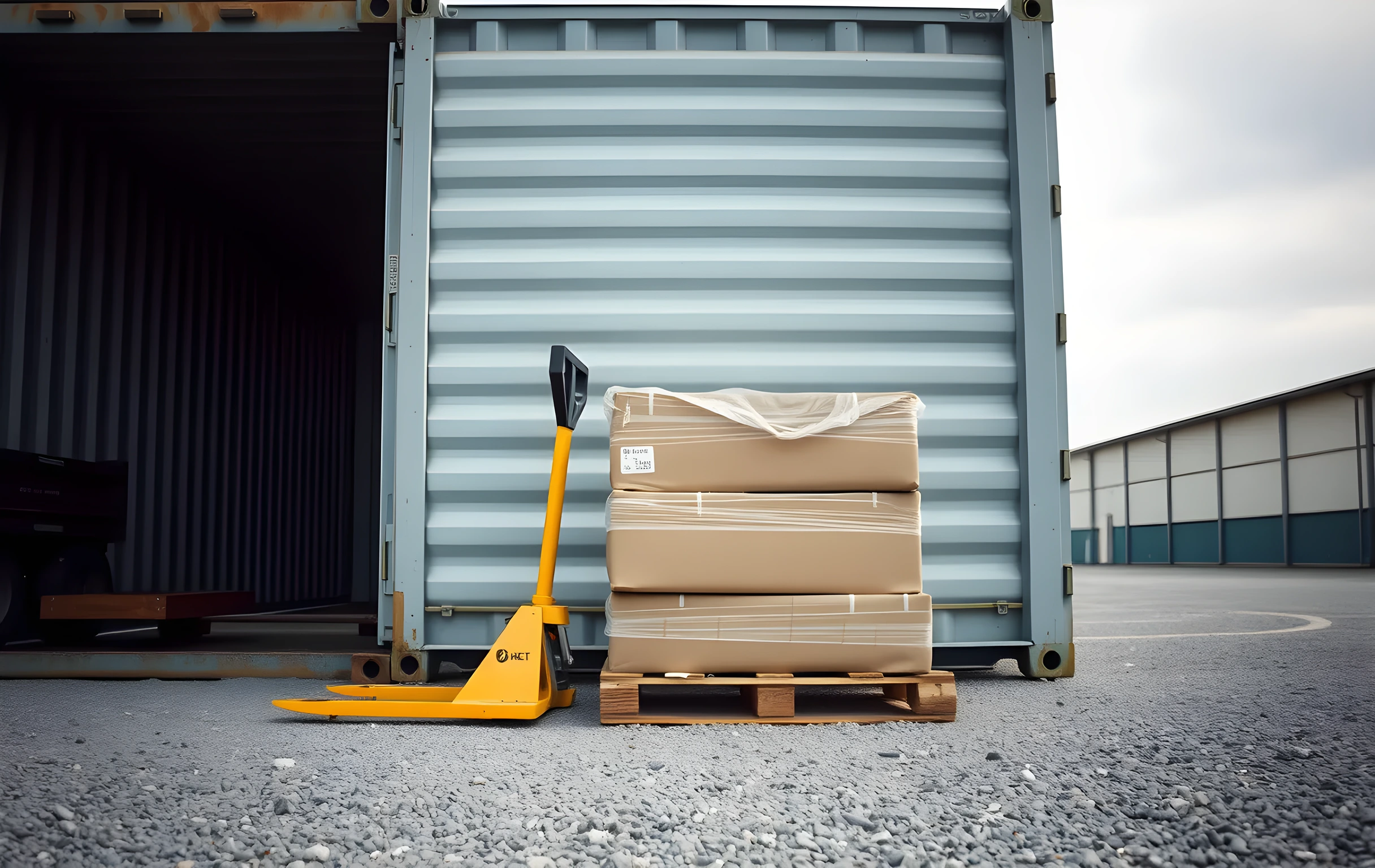 Ground-level close view looking up along the corrugated galvanized steel side wall of a single 40-foot shipping container in an outdoor yard, a yellow hand-pallet jack positioned beside a stack of three Euro pallets loaded with shrink-wrapped brown boxes in the foreground, coarse gravel ground beneath, overcast white sky visible above the container top rail, faint rust streaks along the lower steel panel, shallow depth of field softening the far end of the container