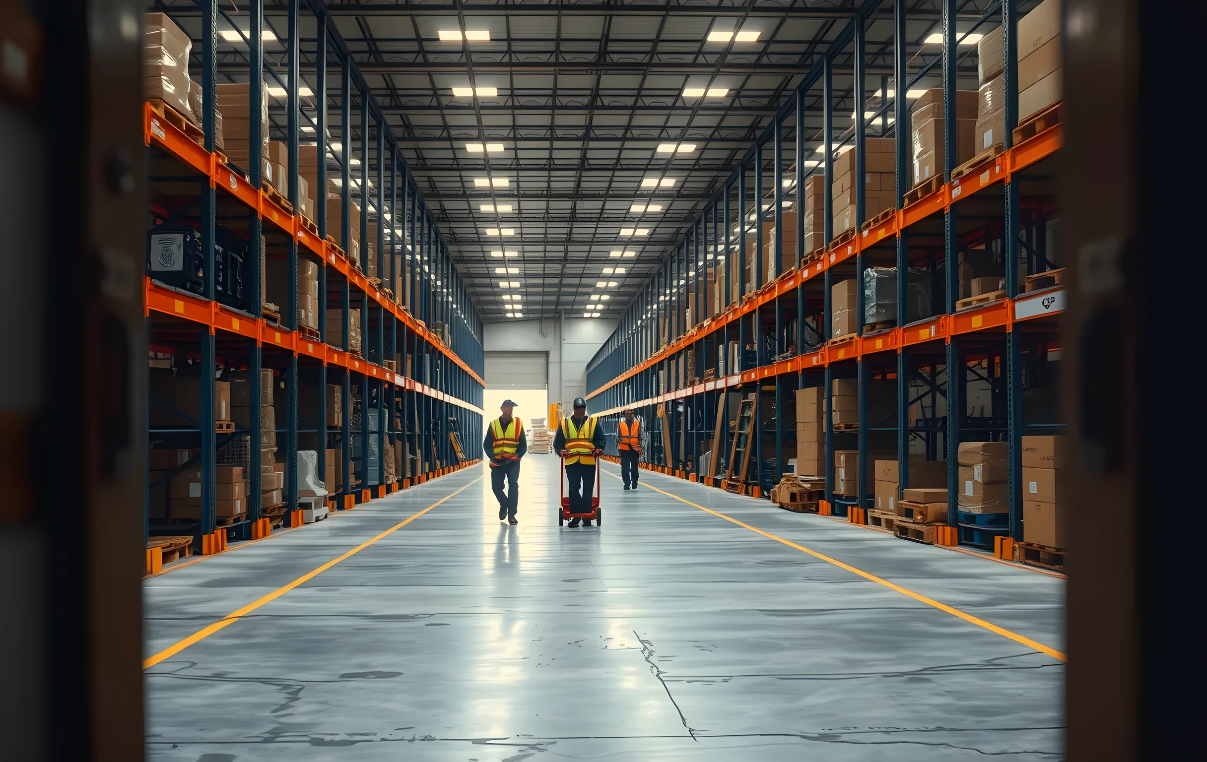 A wide-angle view from an elevated mezzanine catwalk looking down a long warehouse sorting floor. Rows of tall metal pallet racks recede into the distance under rows of industrial fluorescent panels. In the middle distance, three small figures in hi-vis vests push a hand truck and walk between aisles of stacked brown cardboard totes on rolling carts. The concrete floor is scuffed with tire marks. Warm amber work lights glow at the far end near an open loading dock door where daylight spills in. No text, no signage, no screens visible