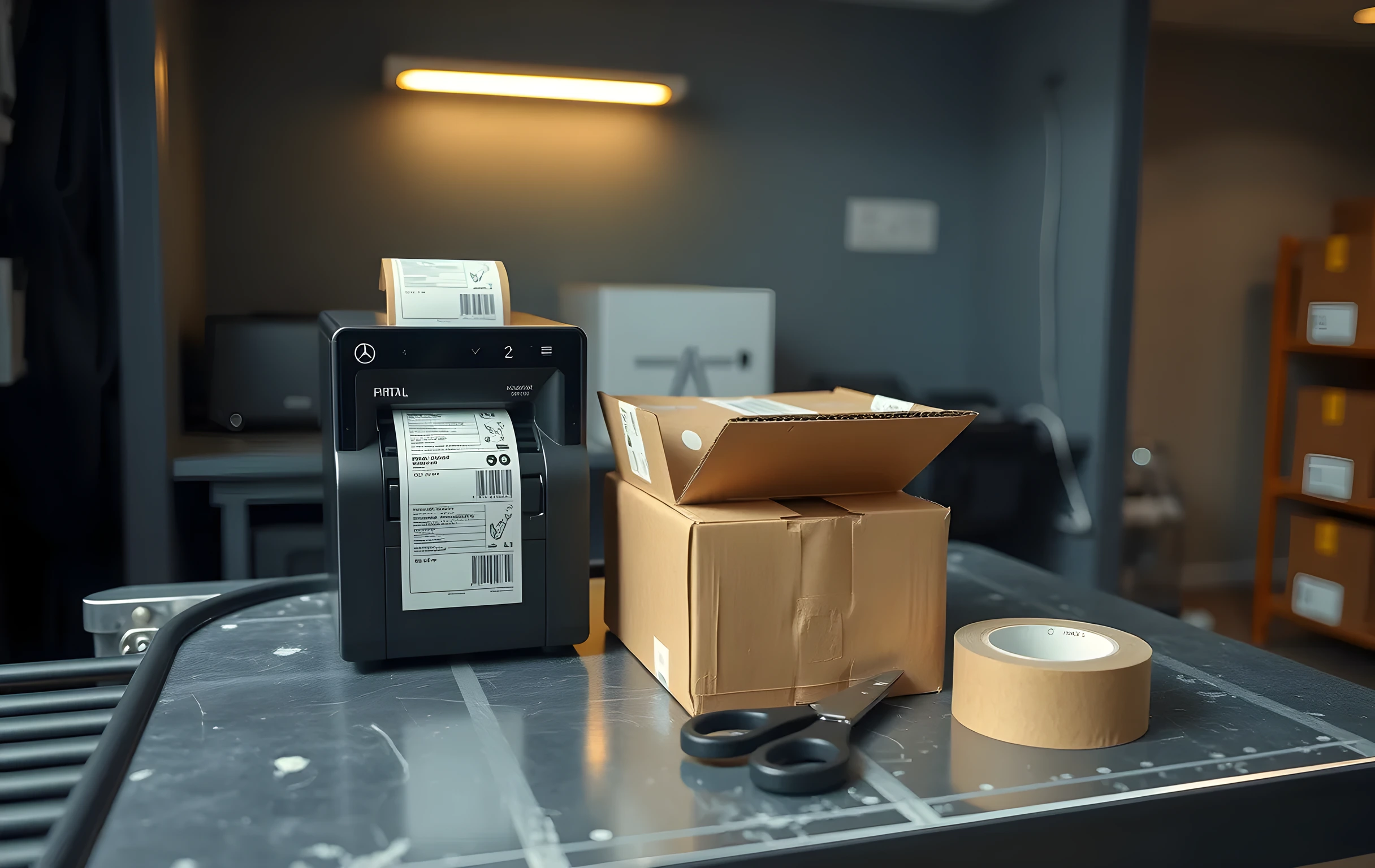 A tight medium shot of a single packing station workbench seen from slightly above and to the side. A compact thermal label printer sits mid-cycle with a short strip of white adhesive label emerging from its slot. Beside it, a neat stack of four unsealed corrugated boxes rests on a low rolling cart, one box tilted with its flaps open. A roll of kraft packing tape and a pair of heavy scissors sit on the scratched steel work surface. The edge of a rubber-belted conveyor is just visible at the lower left frame corner. Overhead, a single warm task light casts a soft pool of illumination. No faces, no hands, no text, no screens