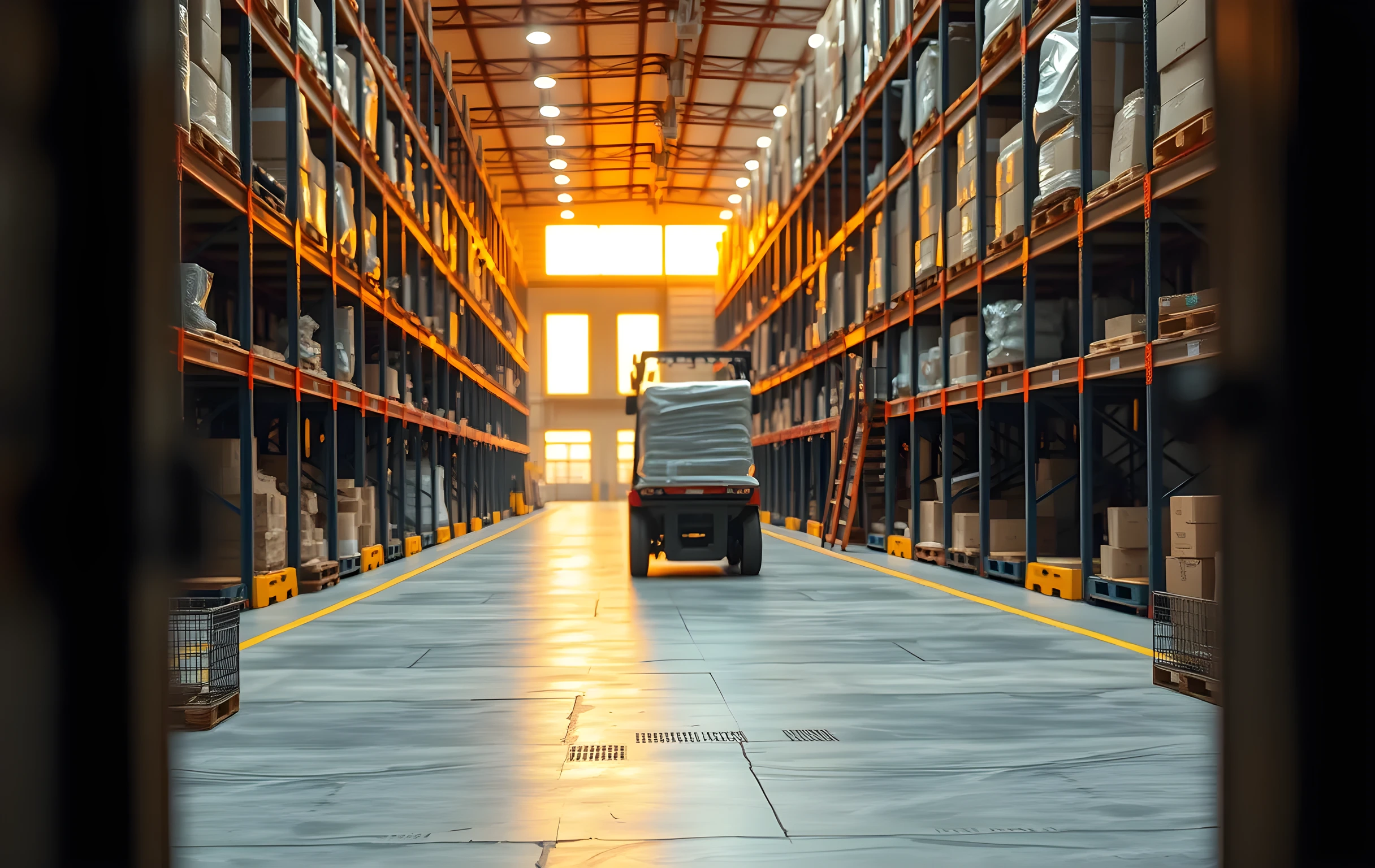 A wide-angle view of a busy regional distribution center floor in the late afternoon, long rows of metal pallet racks receding into warm amber light from high industrial windows, a forklift moving a shrink-wrapped pallet along a painted yellow aisle line, sorted cardboard parcels in low wire-mesh bins at various heights, the concrete floor showing tire marks and scattered packing tape strips, no people visible in frame, the scene feels mid-shift with motion implied by a slightly blurred forklift cab