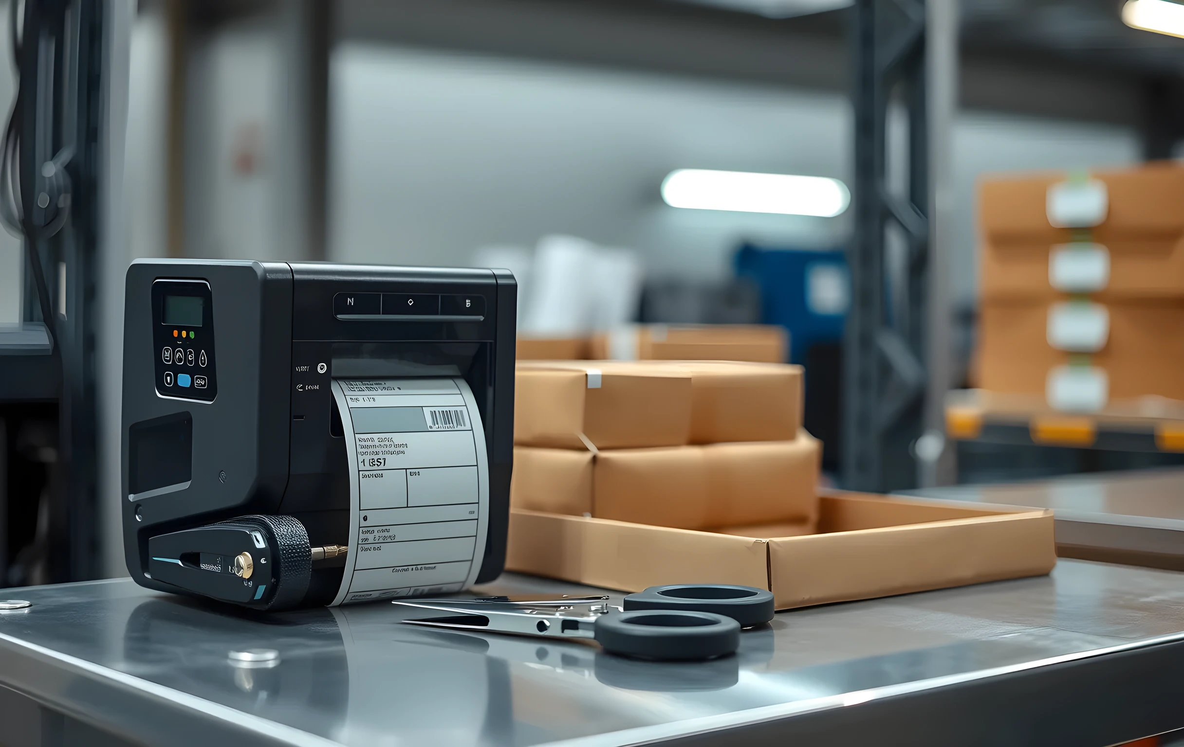 A close-medium shot of a single industrial label printer bolted to the edge of a steel packing station, its paper feed slot half-emerging a blank thermal shipping label, a small pneumatic stapler and a pair of heavy-duty scissors resting on the brushed-steel surface beside it, a stack of uniform brown kraft boxes waiting in a shallow corrugated bin just out of focus behind the printer, cool fluorescent light reflecting off the metal, no hands or faces in frame, the composition emphasizes the mechanical readiness of the station