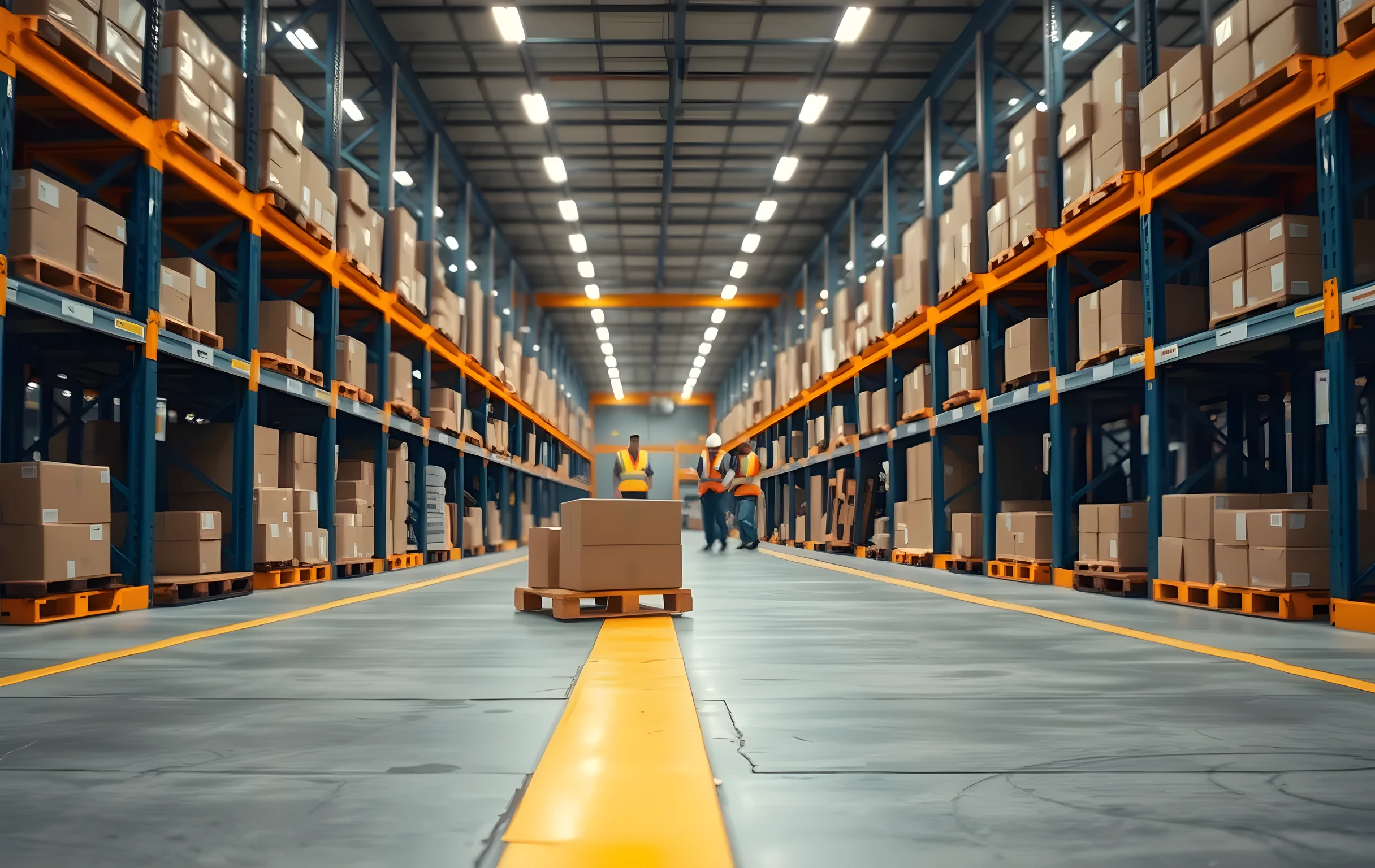A wide-angle view of a mid-size fulfillment warehouse interior: rows of blue steel pallet racks filled with uniform cardboard boxes stretch into soft depth, a single yellow conveyor belt runs diagonally across the foreground carrying three sealed parcels, overhead LED tube lights cast even cool-white illumination, the concrete floor shows faint tire marks and painted lane lines in faded orange, two workers in hi-vis vests are visible far in the background near a sorting station, no text or signage visible anywhere, natural depth of field with slight atmospheric haze in the distance