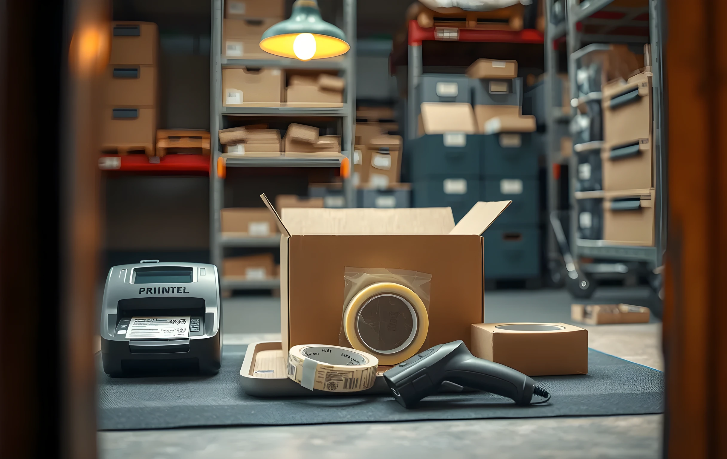 A closer detail shot of a packing station surface: a small thermal label printer sits beside an open kraft cardboard box with its flaps folded inward, a coiled roll of clear packing tape rests on a metal tray, a handheld barcode scanner lies flat on the anti-static mat, three sorted product bins in different muted colors (sage, terracotta, slate) sit in a shallow row behind the box, the lighting is warm task-lamp glow from above casting soft shadows, the background is a blurred wall of shelving units, no readable text or labels visible on any object