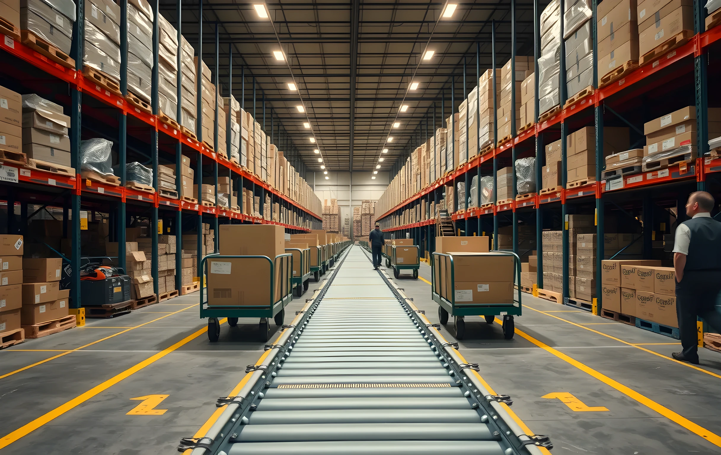 Wide-angle view of a mid-size fulfillment warehouse floor: a long conveyor belt runs diagonally through the center carrying sealed cardboard boxes of varying sizes, rows of rolling bin carts with sorted packaging materials line both sides, tall pallet racks loaded with flattened brown corrugated boxes recede into the background under warm overhead fluorescent lighting, two workers in dark uniforms visible at medium distance walking along the far side of the belt, concrete floor with yellow safety striping, no text or signage visible