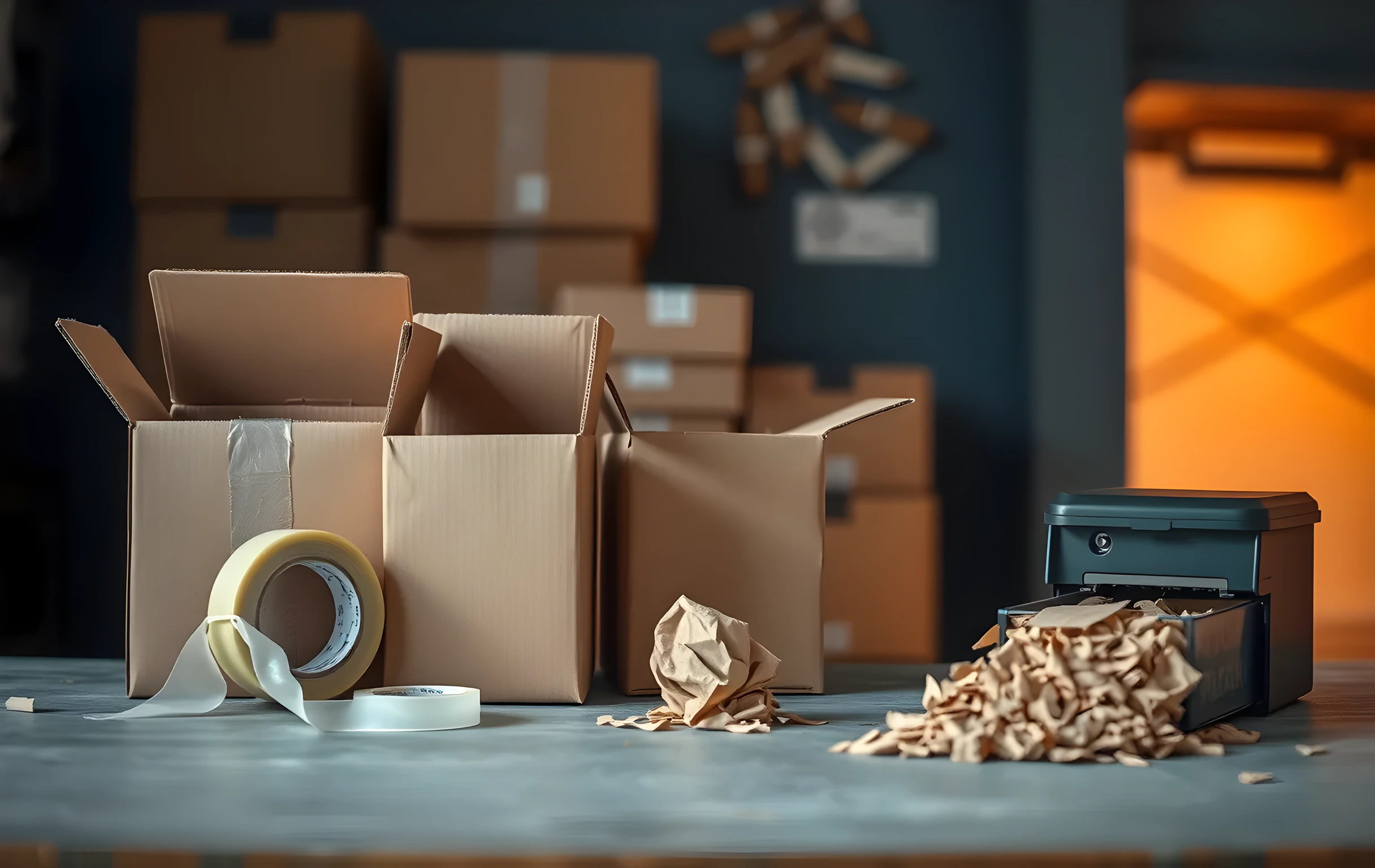 Close-detail view of a packing workbench surface: three open cardboard boxes in ascending sizes arranged left to right, a roll of clear strapping tape standing upright beside the smallest box, a crumpled sheet of brown paper wad void fill spilling from a small metal bin at the right edge, the edge of a thermal label printer visible as a matte black rectangular device with no screen facing the viewer, soft directional lighting from above casting short shadows, shallow depth of field blurring the background into warm amber tones, no hands, no faces, no readable text