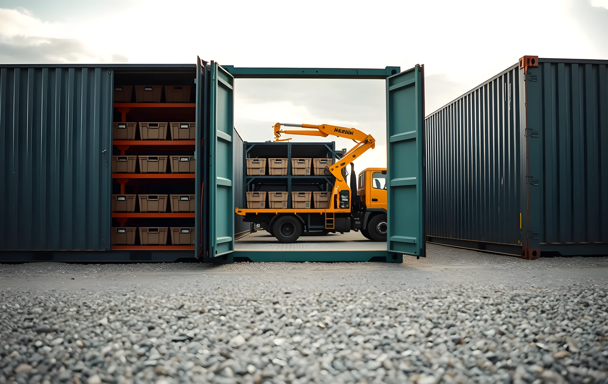A wide gravel yard at late afternoon with three corrugated steel storage containers in a row, the nearest one painted matte forest green with its double doors swung fully open revealing two rows of wire shelving loaded with uniform cardboard totes, a yellow flatbed truck with hydraulic boom arms parked at the far end of the middle container, low overcast sky casting even diffuse light, tire tracks in the gravel, no people visible