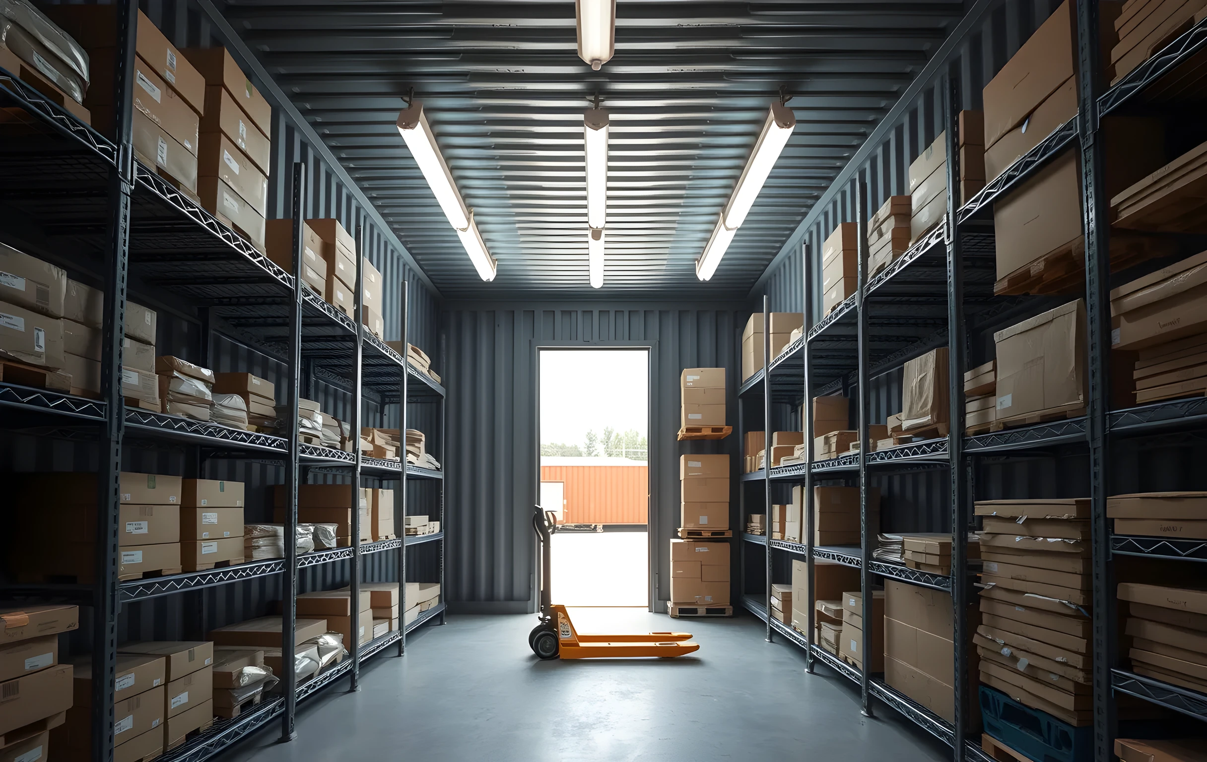 Interior view looking straight down the length of a 20-foot container fitted with three bays of heavy-duty wire shelving on both sides, each shelf holding neatly stacked small poly mailers and flat boxes in muted kraft and white tones, a compact manual pallet jack resting against the far wall, two long fluorescent tube lights mounted to the corrugated ceiling casting clean even illumination, marine plywood floor visible in the narrow central aisle, shot from one end looking toward the open double doors where daylight spills in