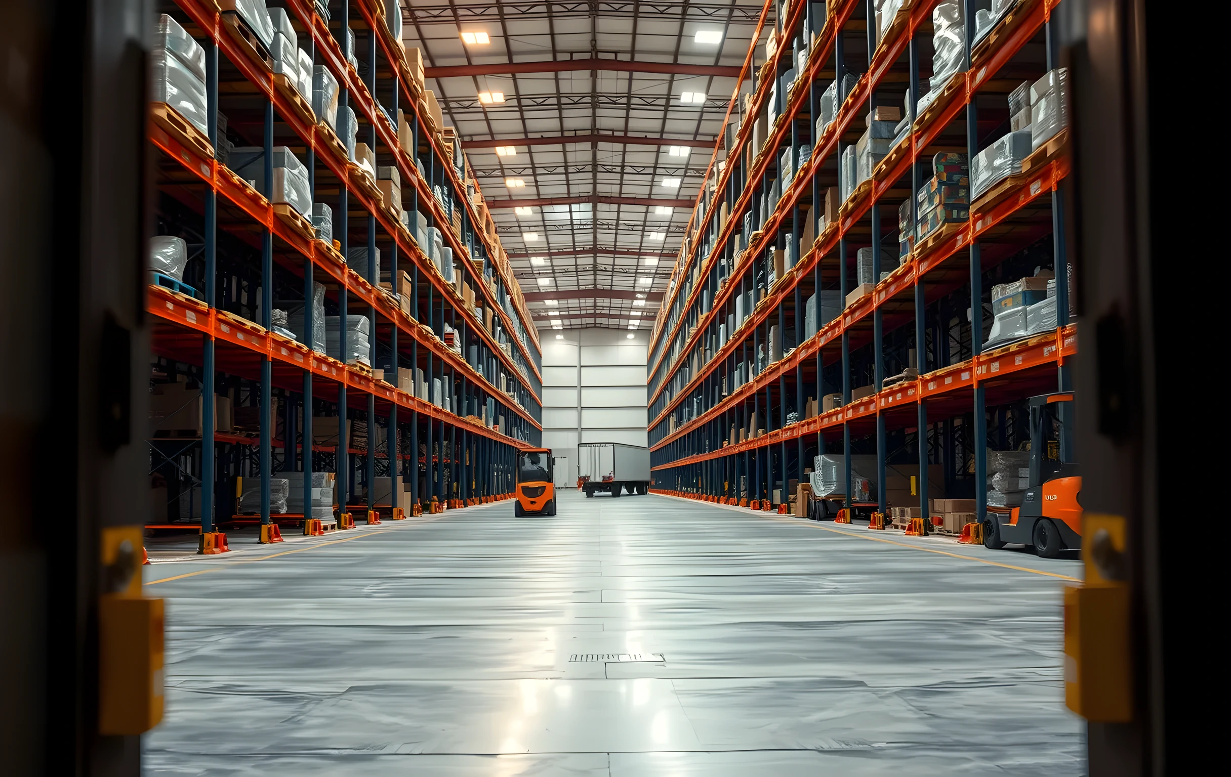 A vast interior view of a modern distribution warehouse, camera positioned at the floor looking down the center aisle between two towering rows of steel pallet racks that recede into soft-focus distance, three orange forklifts visible at varying depths moving pallets between levels, warm overhead sodium lighting casting long shadows across polished concrete, an open loading dock bay with a semi-trailer backed up visible at the far end, no people in frame, industrial scale and depth