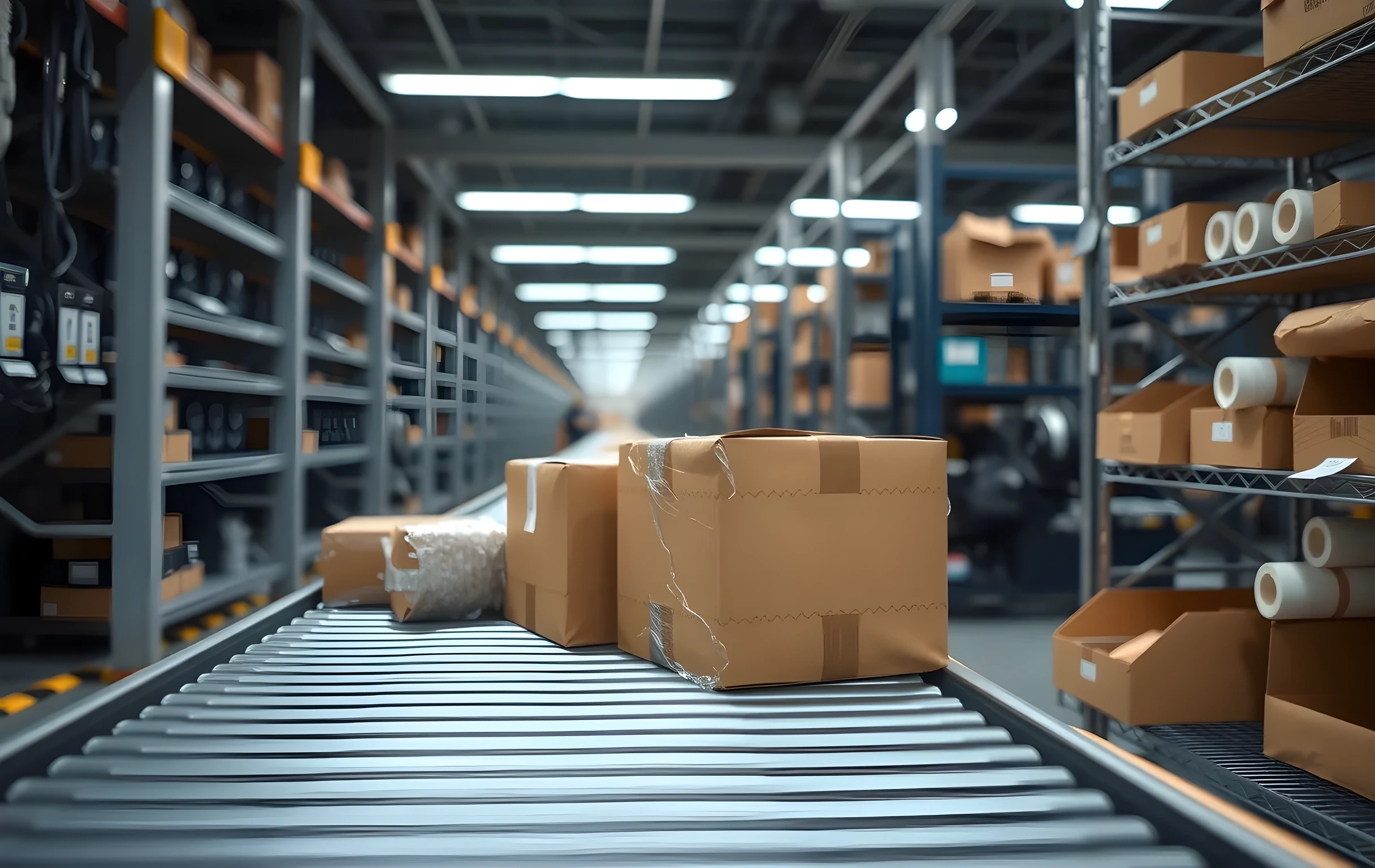 A medium-distance view along a cardboard box packing line in a fulfillment center, five sealed brown boxes sitting in sequence on a moving conveyor belt, each box slightly different in size, small metal shelving units on the right side holding rolls of bubble wrap and tape dispensers, the belt stretching from lower-left foreground toward a mid-ground sorting station with open bins, overhead fluorescent light reflecting off the plastic film wrapping one box, no faces visible, no text or labels readable, the scene captured from slightly above eye level looking down the belt at an angle