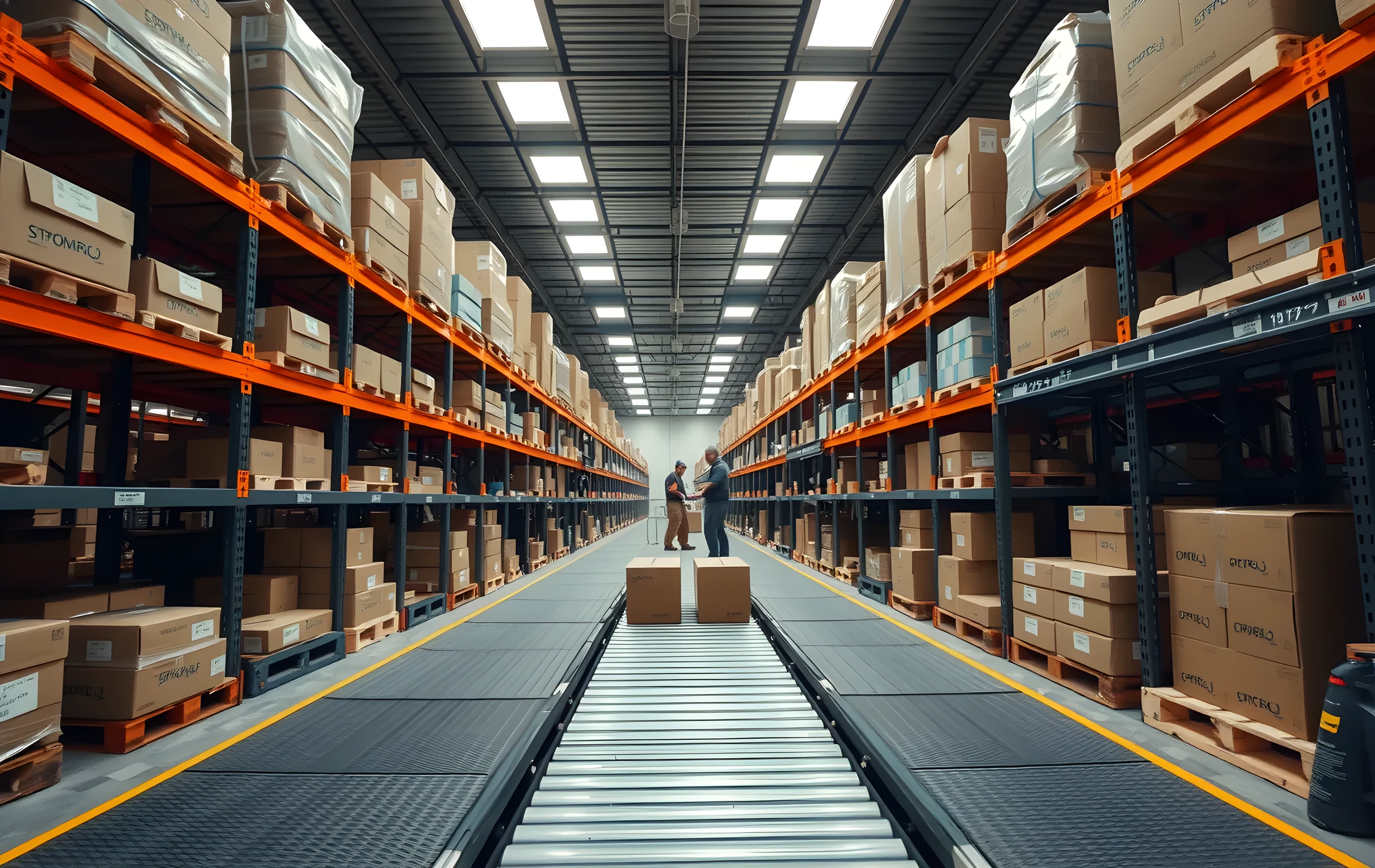 A wide interior view of a small fulfillment warehouse at work: rows of metal pallet racks loaded with flat cardboard boxes of varying sizes, a short conveyor belt in the mid-ground carrying three sealed parcels toward a packing station, rubber floor mats underfoot, overhead fluorescent panels casting even light, one worker visible at medium distance near the far end checking inventory against a handheld scanner, no readable text on any surface, industrial and functional atmosphere