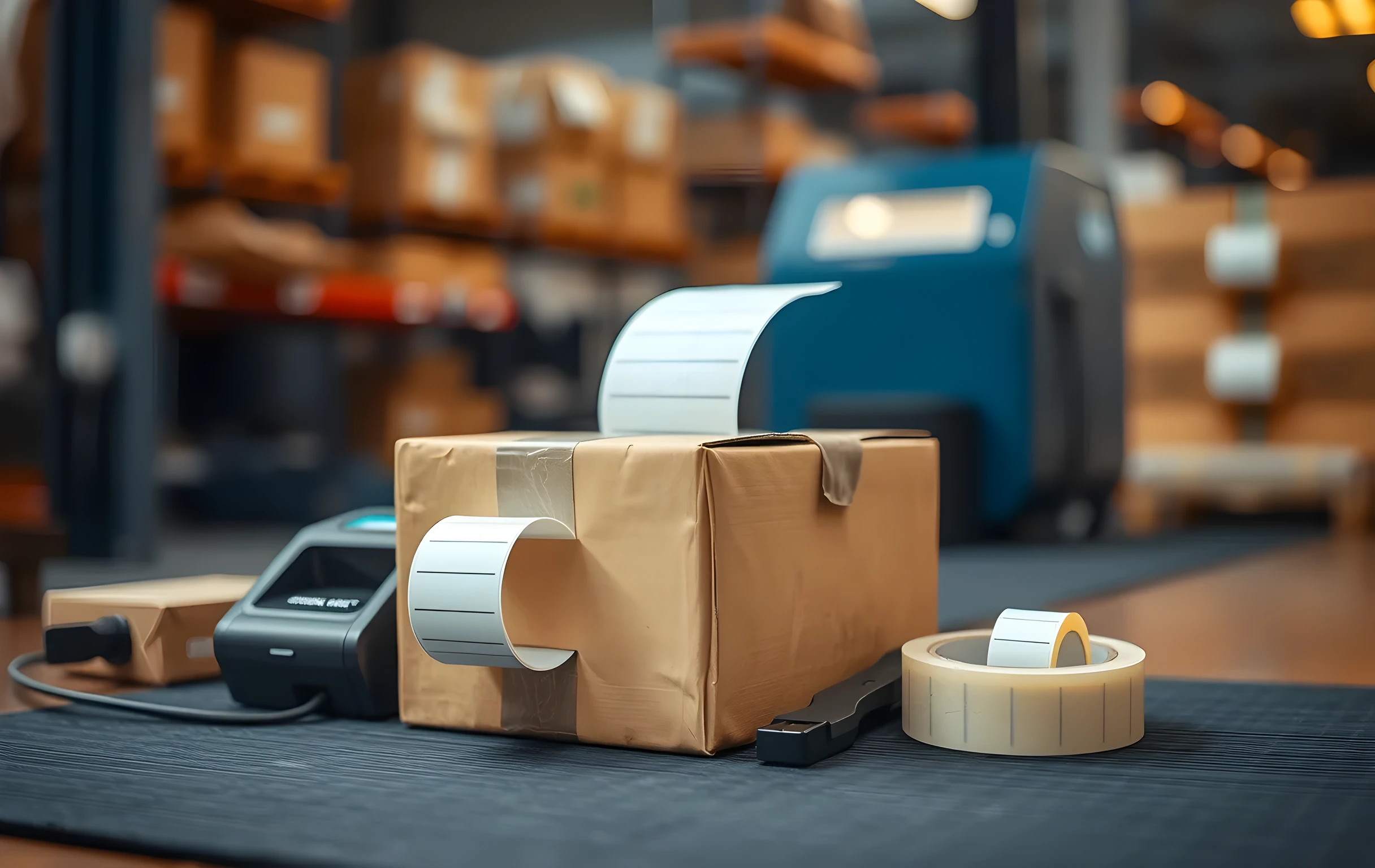 A tight close-up of a single sealed brown cardboard box resting on a dark rubber mat, next to it a compact thermal label printer with its lid open showing a blank roll of white adhesive labels, a roll of clear packing tape and a small plastic tape dispenser sitting beside the box, a coiled USB cable trailing off-frame, shallow depth of field blurring the background into warm bokeh, no readable text or logos visible, warm workshop lighting from above