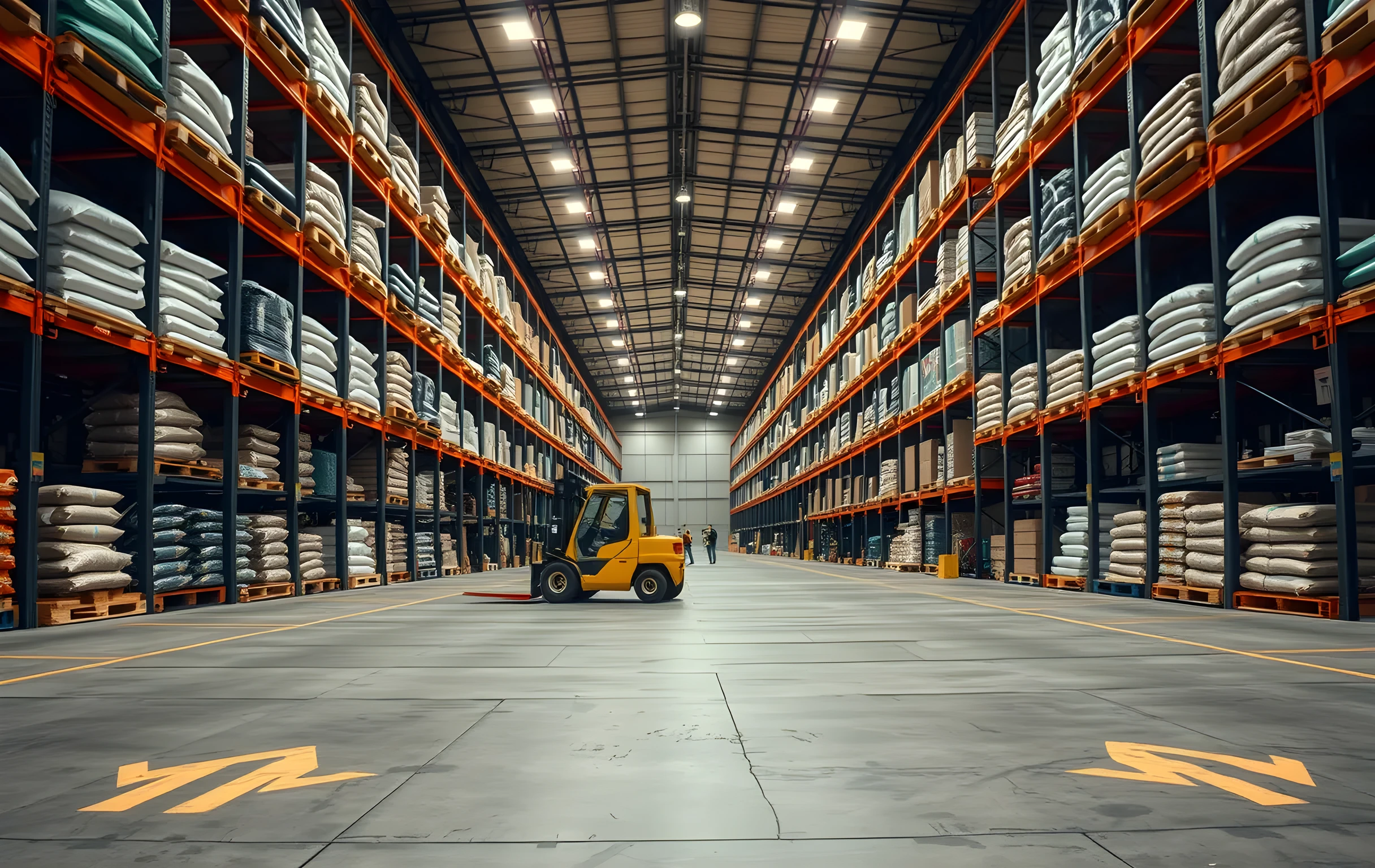 Wide interior view of a large agricultural distribution warehouse, rows of tall steel pallet racking loaded with stacked bags of livestock feed and boxed farm supplies receding deep into the back wall, a yellow forklift mid-turn in a broad aisle, polished concrete floor with faded painted directional arrows, exposed steel trusses and industrial high-bay lighting overhead, two small figures in work vests visible as distant silhouettes near the far end of the racking system