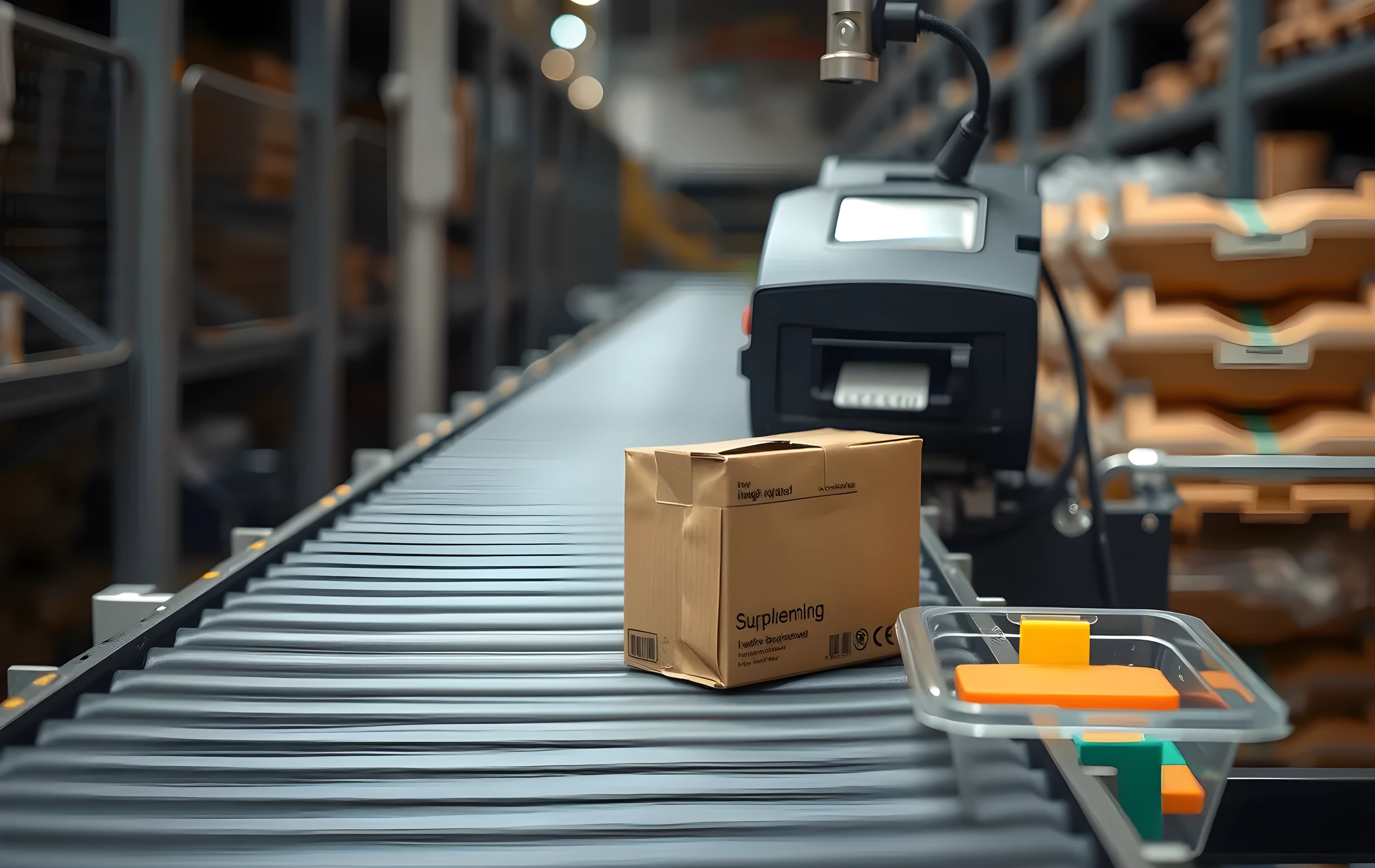 Close detail of a rubber-belt conveyor line carrying three or four small cardboard boxes of livestock supplements and grooming supplies toward the right edge of frame, a compact thermal label printer mounted on a short angled metal arm at the belt's upper edge, clear plastic sorting bins with colored dividers catching items downstream, warm focused task lighting from directly above, no people in frame