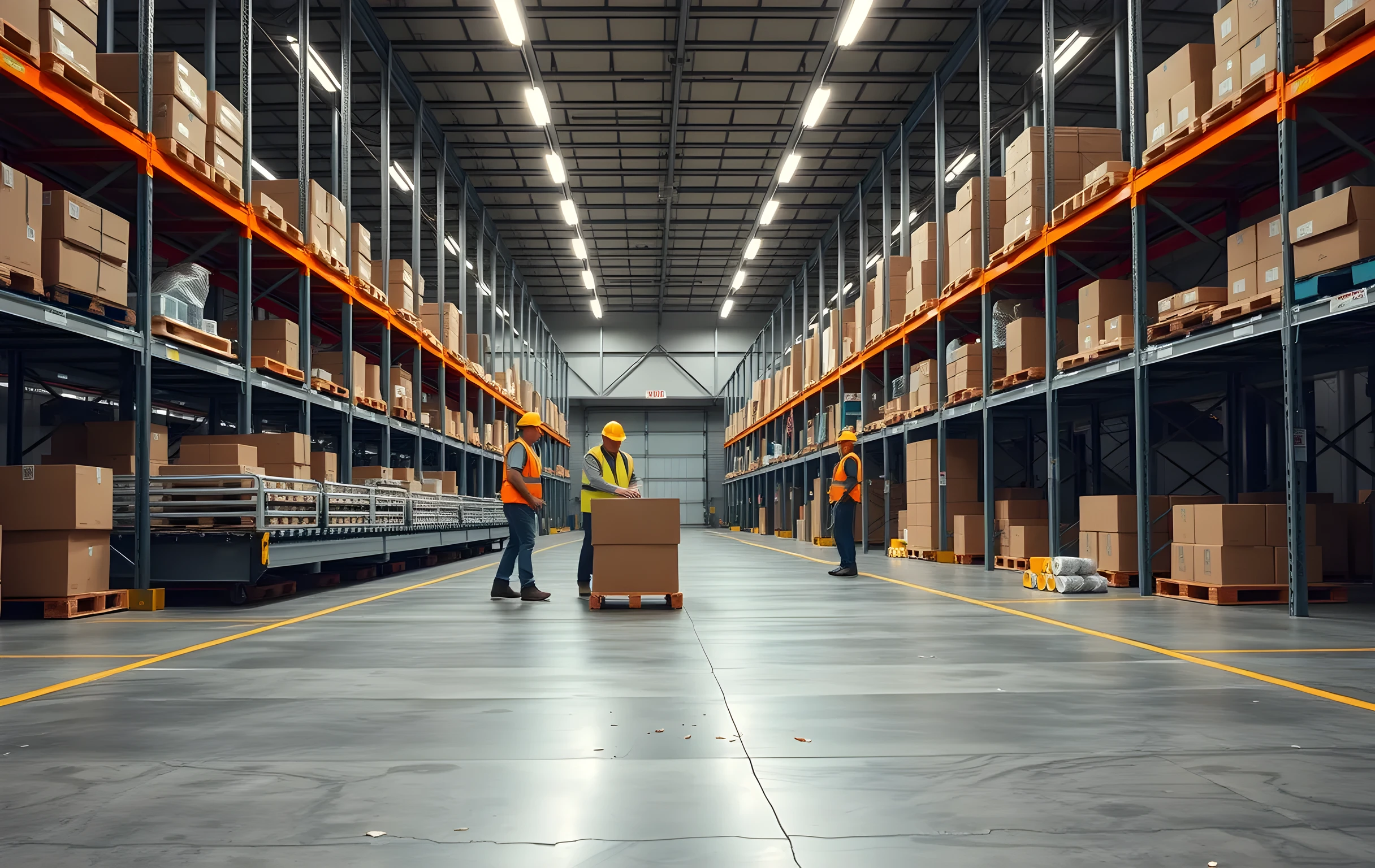 A wide-angle view of a busy warehouse packing floor at mid-morning: three workers in hi-vis vests stand at medium distance along a long stainless-steel conveyor line where flat, unfolded corrugated cardboard boxes slide into forming jigs, finished sealed boxes stack onto a roller table feeding toward a loading dock ramp visible in the far background, tall steel pallet racks loaded with brown kraft cartons line both sides of the aisle, overhead linear fluorescent fixtures cast even cool-white light across a polished concrete floor scattered with stray pieces of packing tape and a few loose bubble-wrap rolls