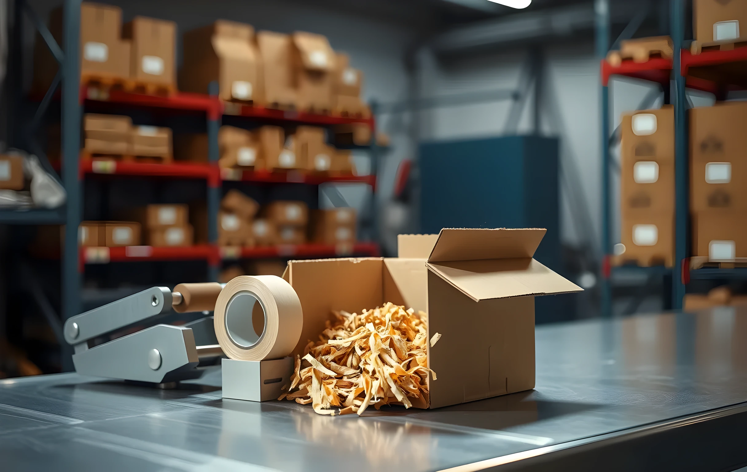A tight detail shot at table level: an open double-wall corrugated box sits on a brushed stainless-steel workbench, its thick two-layer fluted edge clearly visible where the top flap is peeled back, a roll of wide kraft paper tape rests in a heavy-duty metal dispenser beside it, a small stack of crumpled shredded-paper void fill spills from the box opening onto the bench surface, warm tungsten task lighting from above creates soft shadows, the background falls into a shallow blur of indistinct metal shelving and stacked brown boxes with no readable markings