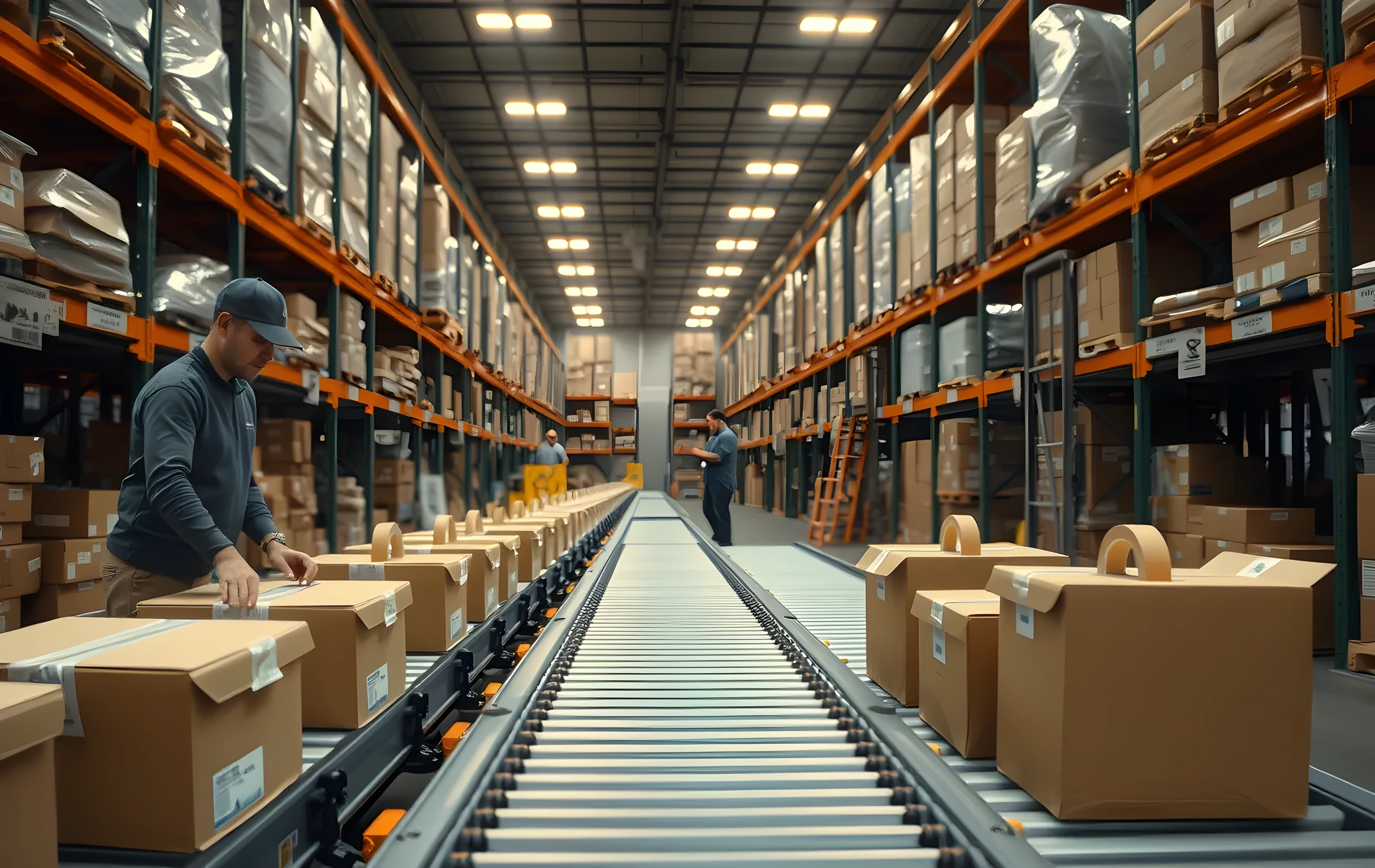 A wide interior view of a mid-size e-commerce fulfillment warehouse at work: a long packing line with four or five stations stretches into soft-focus depth, each station holding an open brown corrugated box being stuffed with crumpled kraft paper and rolls of clear tape on small dispensers. A low-profile belt conveyor carries sealed parcels in the foreground, and tall steel pallet racking packed with shrink-wrapped inventory fills the background under warm overhead LED panels. Two workers in plain work clothes stand at medium distance, one reaching for a box from a stack while the other tapes a parcel shut. The space feels active and slightly cluttered, lit from above, no visible text or screens