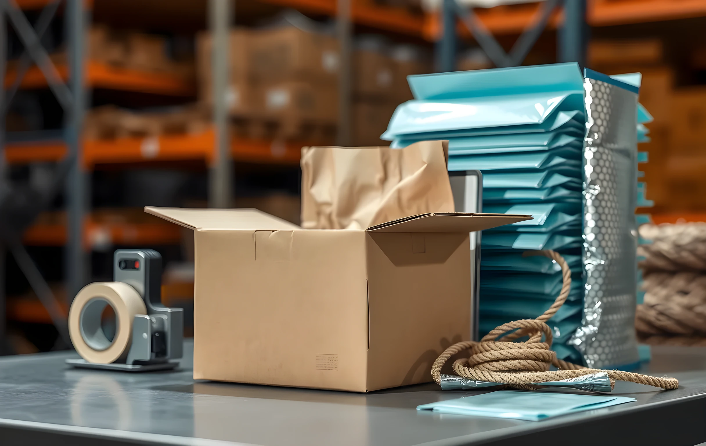 A close, slightly elevated detail shot of a single packing station surface: a half-open medium brown corrugated box in the center, its flaps folded outward, filled with neatly crumpled beige kraft tissue paper. To the left sits a roll of clear strapping tape on a small metal dispenser. To the right, a neat vertical stack of unopened soft teal poly mailers leans against the edge of the table. A few loose squares of silver bubble wrap are scattered near the front edge. The background is a shallow depth-of-field blur of warm wood shelving and coiled rope. No readable text, no faces, no screens, no signage