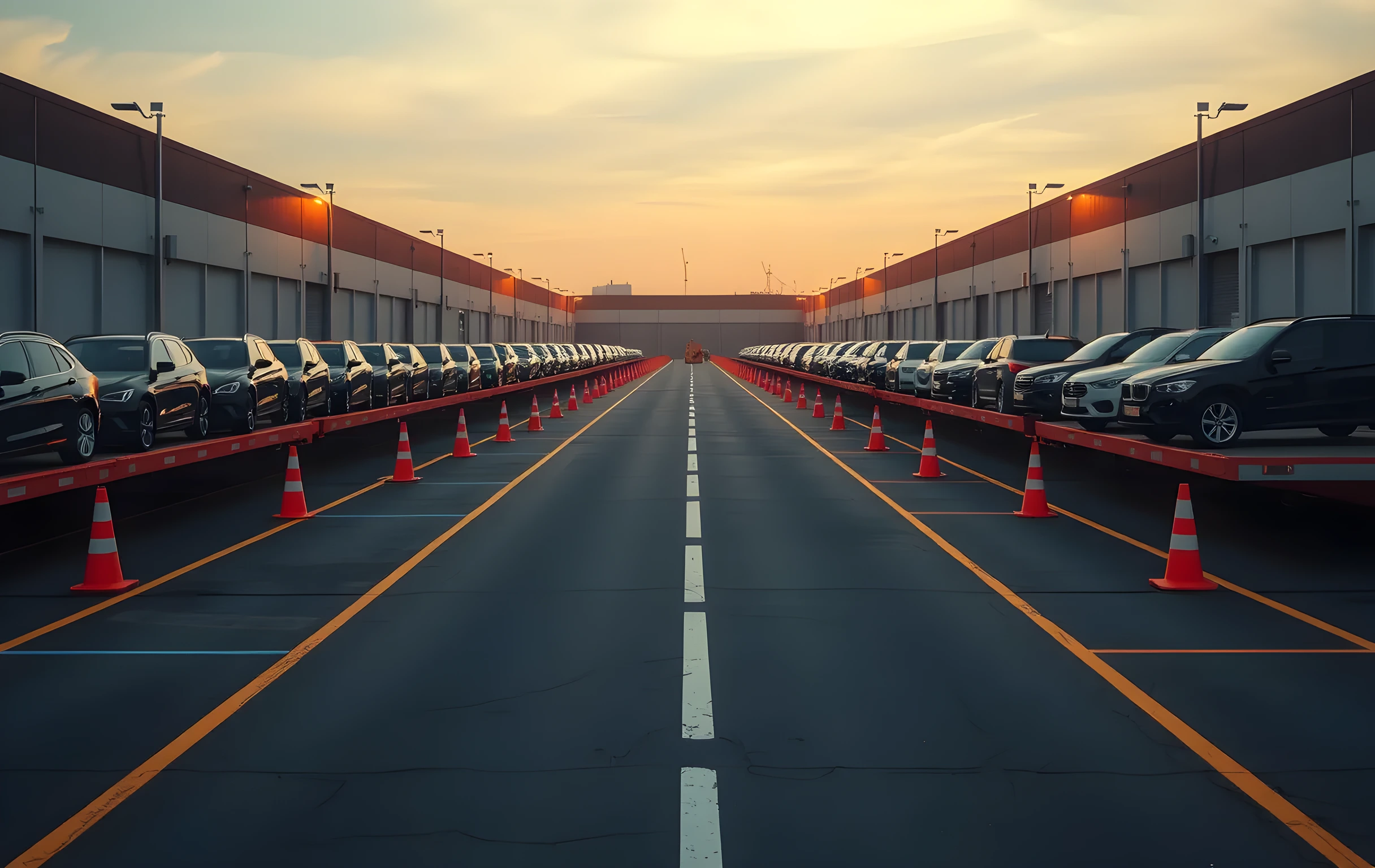 A wide-angle view of a large outdoor vehicle logistics yard at golden hour, three flatbed carriers loaded with sedans and SUVs parked in parallel rows stretching into soft-focus distance, orange safety cones marking the lanes, two small forklift figures moving between bays far away, warm industrial lighting from overhead flood poles casting long geometric shadows across the asphalt, muted blue-hour sky above