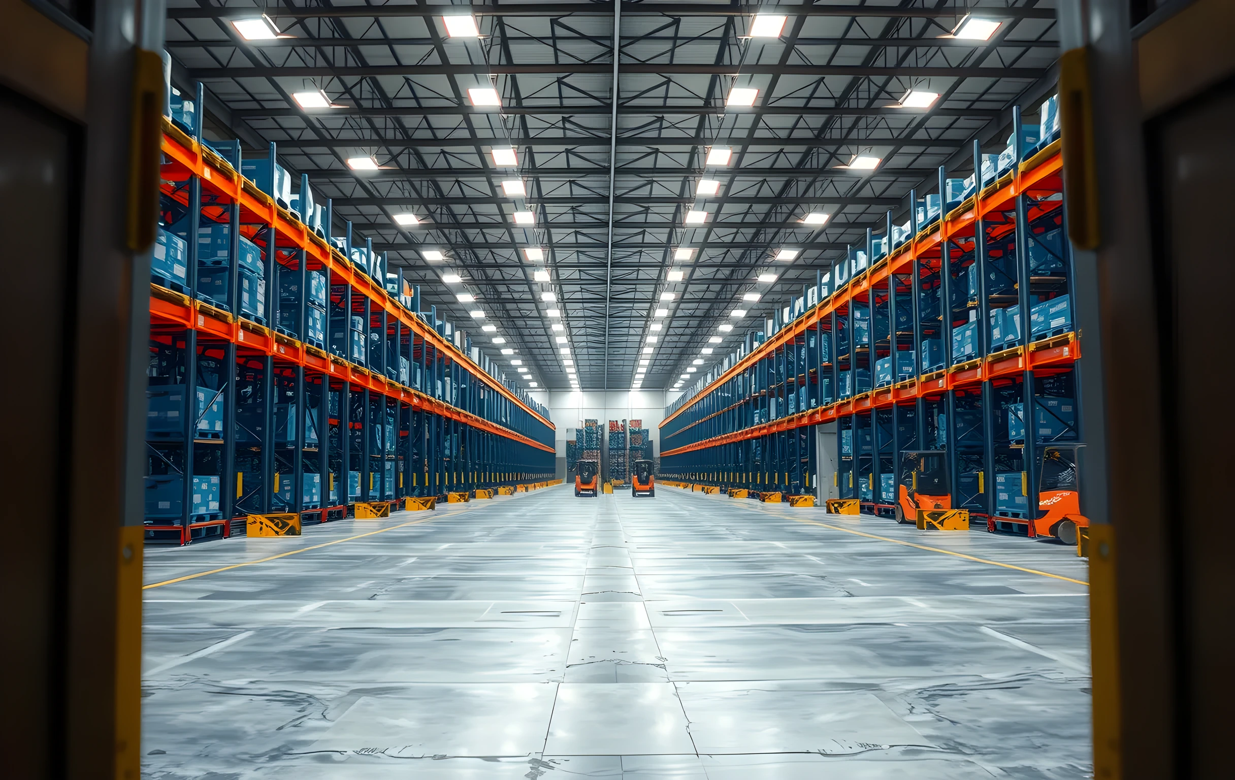 Wide interior view of a massive warehouse floor stretching toward a high steel-truss ceiling, rows of tall blue pallet racking receding into the distance on both sides, three parallel conveyor belt lanes running the length of the frame, two forklifts navigating between aisles at medium distance, workers visible as small figures tending to sorting stations along the far wall, polished concrete floor reflecting overhead LED panel lighting in long white strips, cool even illumination throughout, no text or signage visible