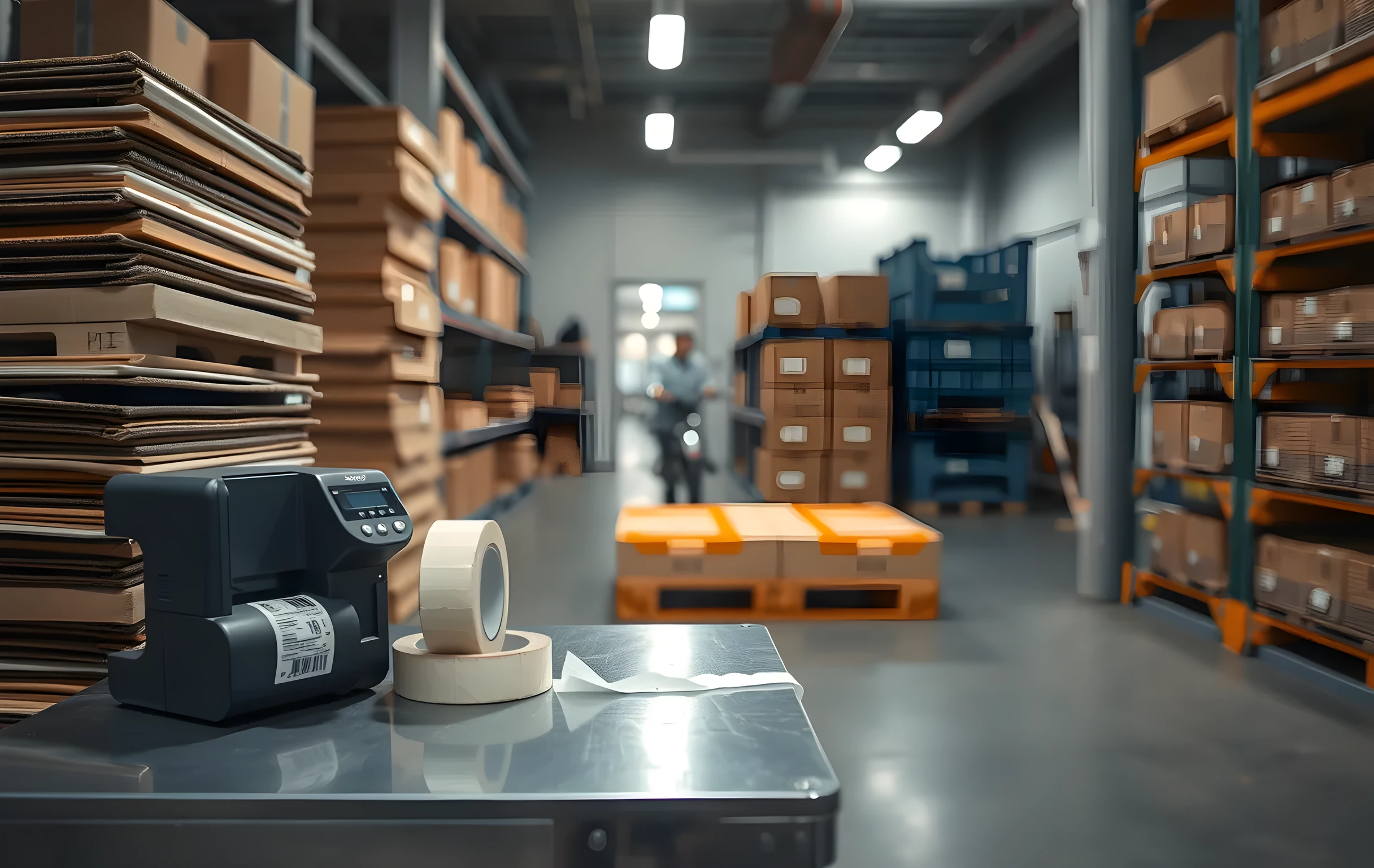 Medium-close view of a single packing station workbench in a fulfillment line, stacked flattened brown cardboard boxes on the left side, a compact thermal label printer beside a roll of clear packing tape, bubble wrap partially unspooled across the steel surface, a pallet of small sorted totes in the mid-ground slightly out of focus, warm task lighting from a single overhead fixture casting a focused pool of light on the workbench, the rest of the warehouse floor fading into soft gray shadow behind, no text or labels visible on any surface