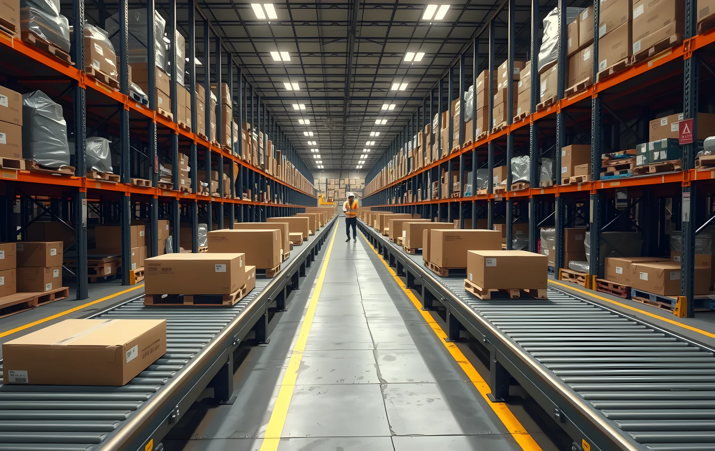 Wide-angle view of a mid-size distribution loading dock at early morning, three long conveyor belts carrying sealed brown cardboard boxes toward a sorting area, tall metal pallet racks receding into the background under industrial fluorescent lighting, two workers in high-visibility vests visible at medium distance moving between bays, concrete floor with painted yellow lane lines, no text or signage visible