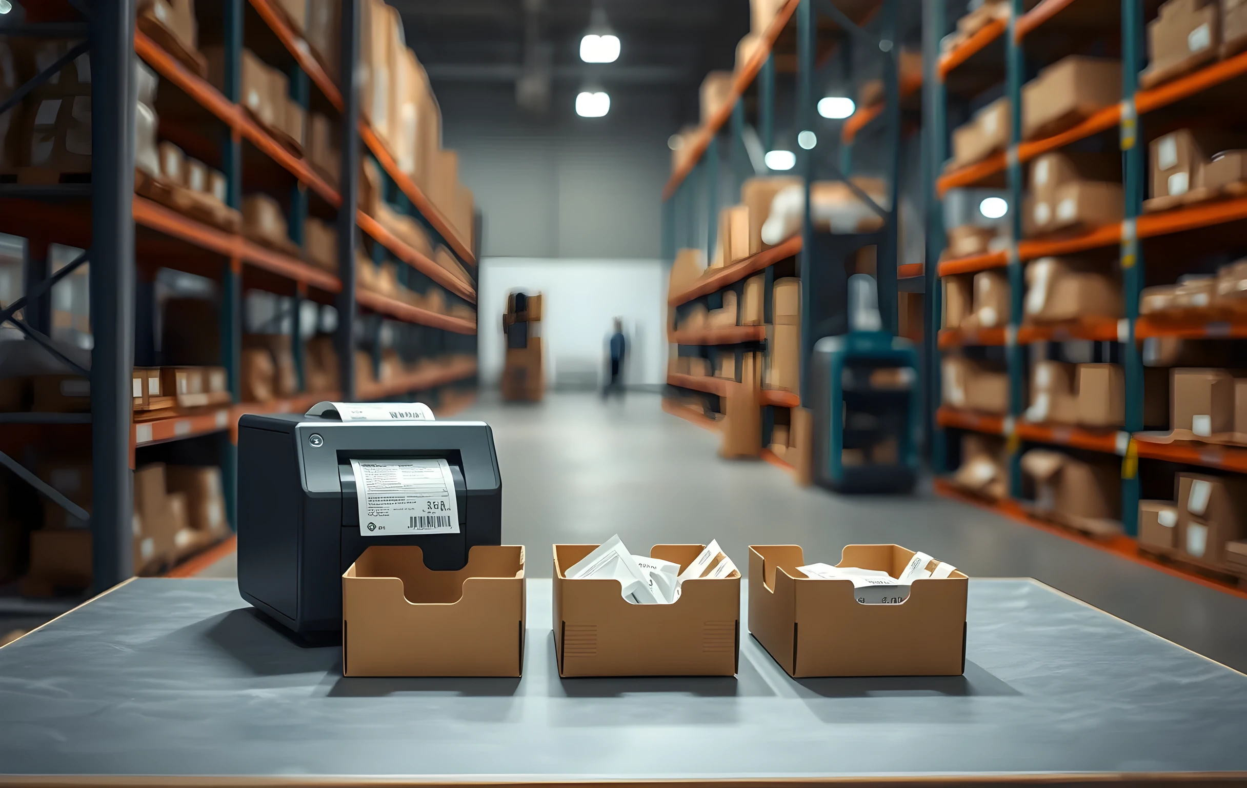 Slightly elevated close view of a single packing station in a warehouse, a compact thermal label printer mid-cycle feeding a short strip onto the top of a small cardboard box, three open sorting bins filled with product pouches arranged in a row beside it, warm overhead task lighting casting a soft pool on the work surface, shallow depth of field blurring the warehouse floor and distant racks behind, no faces, no readable text, no screens