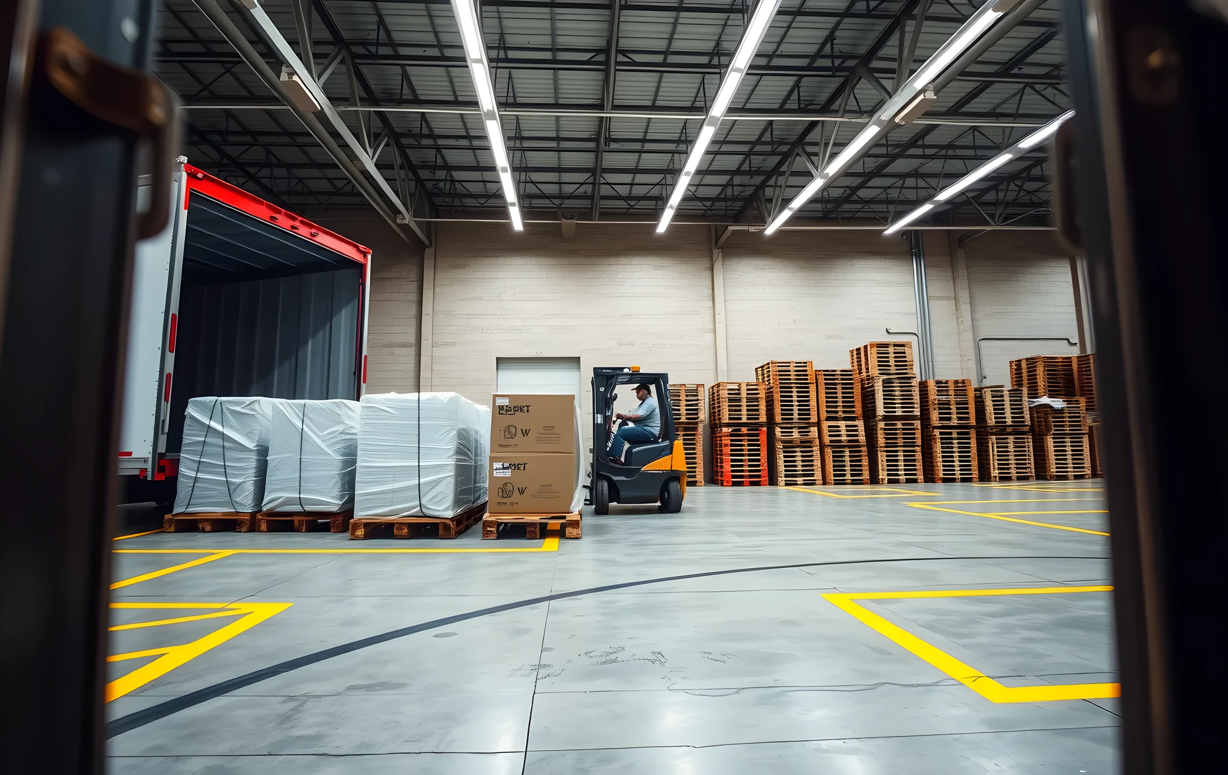 A wide-angle view of an indoor loading dock at a distribution center: four stretch-wrapped pallets on wooden dunnage boards staged in a neat row near an open semi-trailer door, a forklift mid-turn carrying a fifth pallet toward the trailer interior, painted yellow lane lines on polished concrete floor, high industrial ceiling with exposed steel trusses and long fluorescent tube fixtures, several empty stacked wooden pallets leaning against a cinder-block wall in the far background, even cool-white lighting, no people visible in the frame