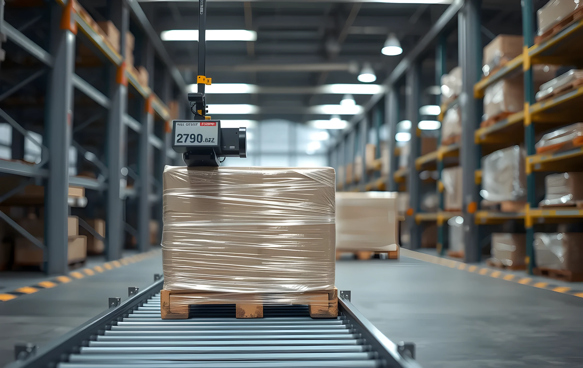 A medium-distance detail shot of a single shrink-wrapped pallet resting on a short section of roller conveyor at the end of a packing area, a compact label-printing unit mounted on an overhead bracket just above and to the side of the pallet, a row of five identical wrapped pallets receding into soft-focus background along the same conveyor line, industrial LED panel lights overhead casting flat even illumination, galvanized metal rack uprights visible at the edges of frame, clean concrete floor, no text or readable characters anywhere in the scene