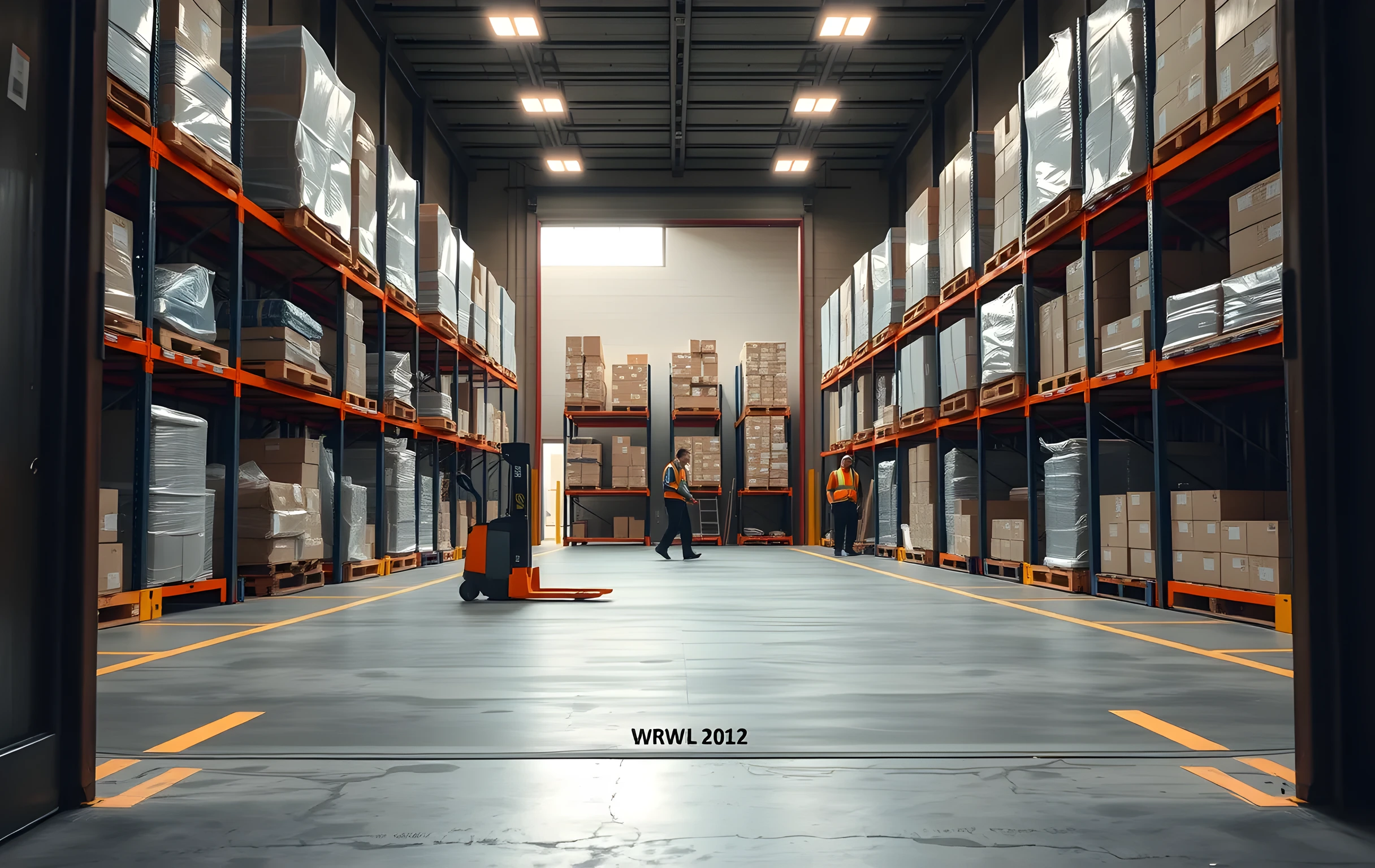 Interior of a regional fulfillment warehouse loading dock, wide shot showing three pallet jacks positioned between tall steel rack bays loaded with shrink-wrapped cartons in muted tones of brown and gray, two workers in high-visibility vests standing at medium distance near the open dock doors letting in flat afternoon light, concrete floor marked with faded yellow safety lane lines, industrial LED overhead panels casting even diffuse illumination across the full bay, no text or signage visible anywhere