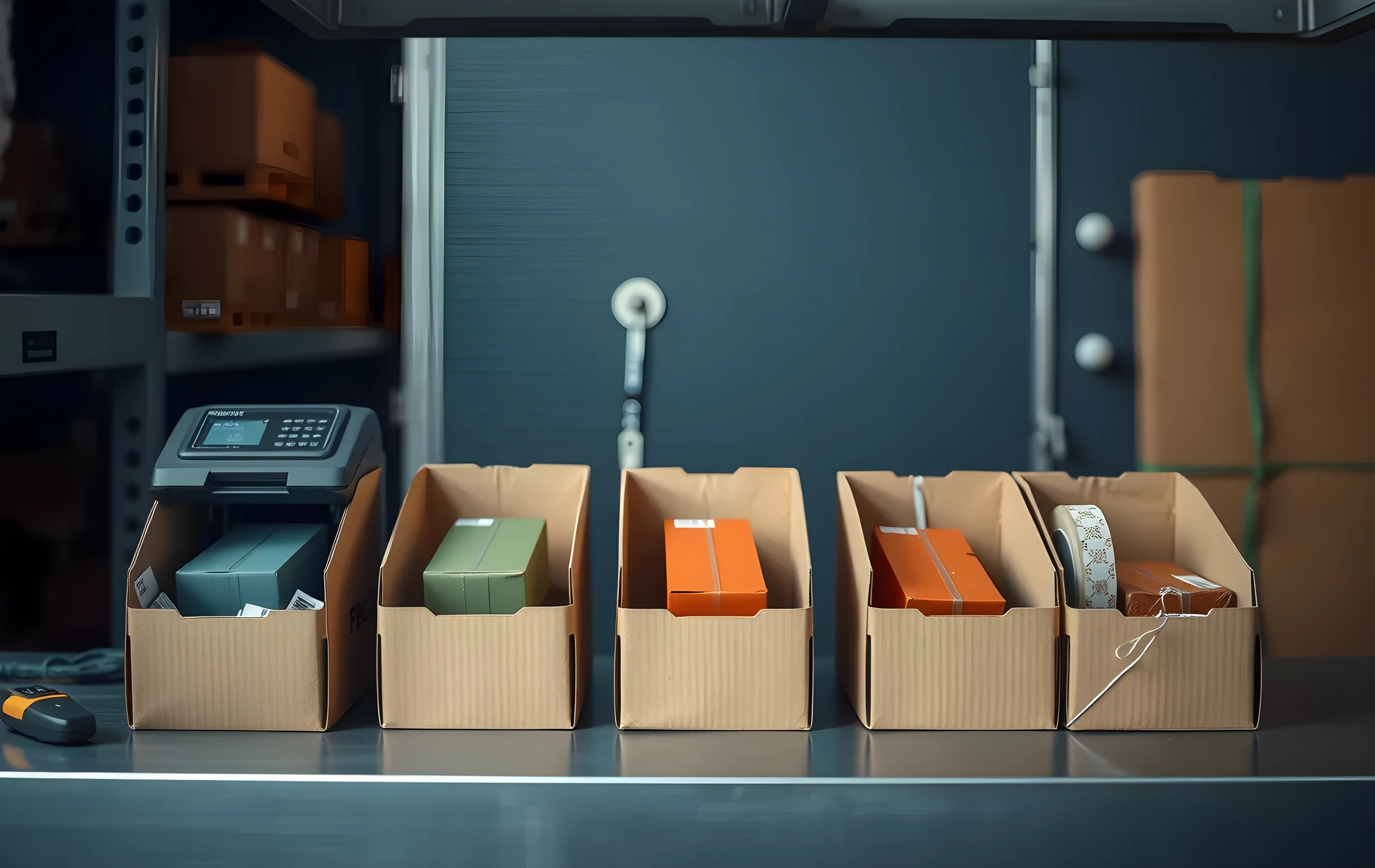 A packing station viewed from a slight angle above and to the side, showing a row of six open cardboard bins each holding small product boxes in muted blue, olive, and rust tones, a thermal label printer and two spools of clear strapping tape resting idle on the steel counter surface, a barcode scanner hanging from a lanyard hook on the back wall panel, soft workshop lighting from above creating gentle shadows between the bins, no people visible, no text or labels readable in frame