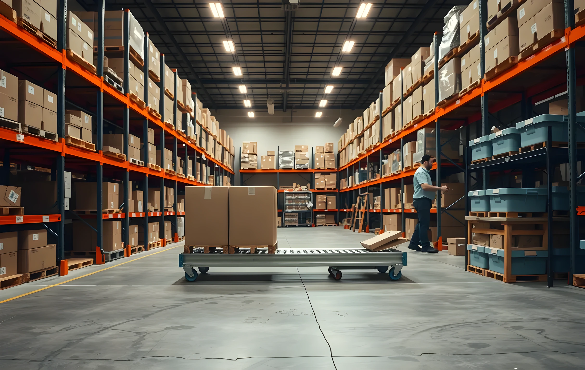 Wide interior shot of a small fulfillment warehouse at work: three rows of metal pallet racks loaded with brown kraft boxes receding into soft focus, a short roller conveyor in the mid-ground carrying four sealed parcels toward a staging area, sorted shipping bins in muted blue and grey stacked on a low table to the right, one worker visible at medium distance taping a box on the far side of the conveyor, warm overhead fluorescent light casting long shadows across polished concrete floor, no text or signage visible anywhere
