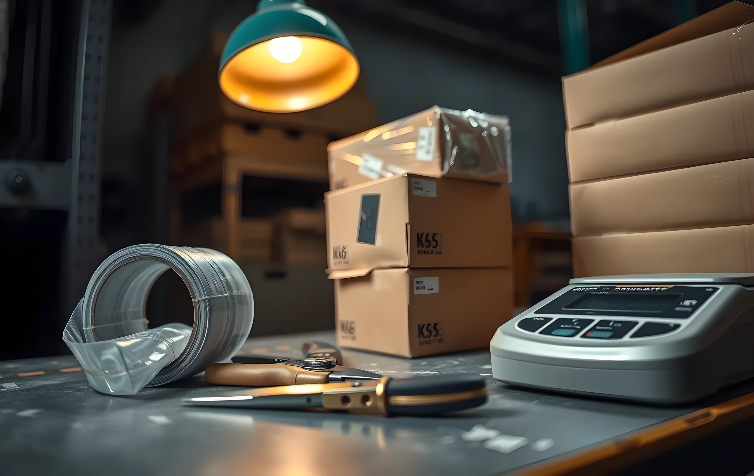 Close detail shot of a packing bench surface: a roll of clear strapping tape half-unspooled and lying flat, a pair of steel snips resting beside three identical sealed kraft boxes stacked two high, a small brass-handled utility knife with its blade retracted, the edge of a digital scale showing only its smooth dark face with no visible digits, warm tungsten work-lamp light from above creating a tight pool of illumination on the bench while the background fades into deep shadow, no readable text or markings on any surface