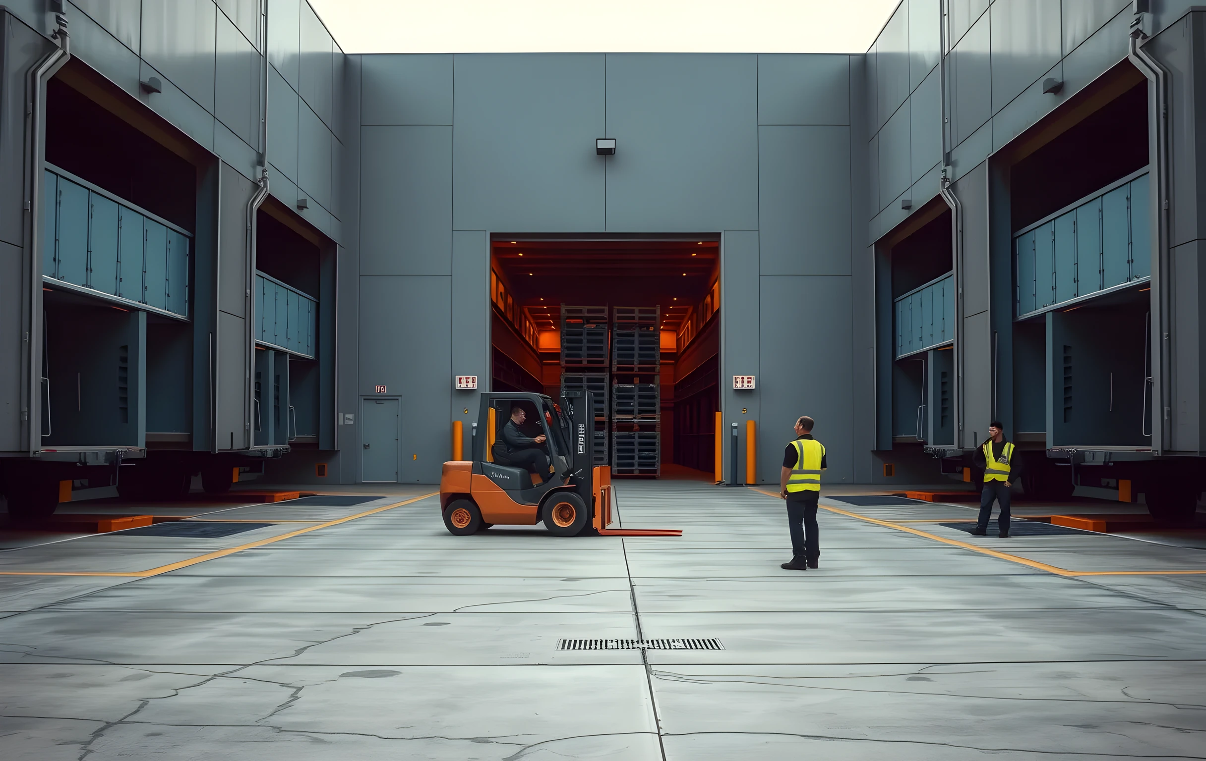 A wide-angle view of a regional distribution center loading dock at early morning, three semi-trailer trucks backed into adjacent bays with doors open, tall pallet racks stretching deep into the warehouse visible through the bay openings, a forklift mid-lift carrying a full pallet toward the second truck, two workers in high-visibility vests standing at medium distance coordinating the load sequence, overcast dawn light casting long shadows across the concrete apron, industrial and utilitarian mood