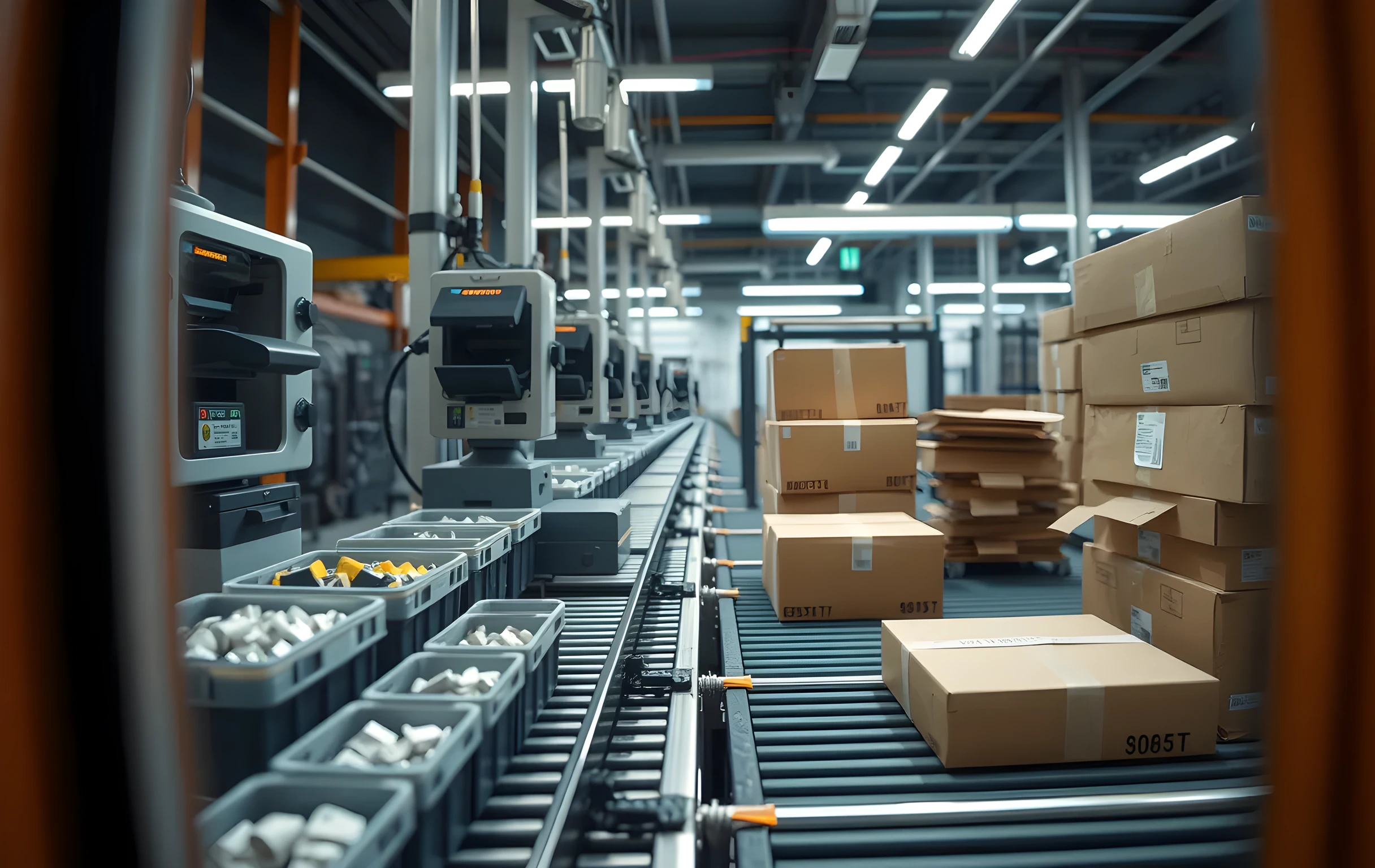 A slightly elevated close view of a single packing station on an assembly line, a row of small plastic totes and open bins holding sorted components feeding onto a conveyor belt, two label printers and barcode scanners mounted on the metal frame above the belt, a neat stack of empty and half-filled cardboard boxes waiting at the far end, the mechanical rhythm of the station visible in the alignment of items and the tension of the belt, cool fluorescent lighting from above, no people in frame